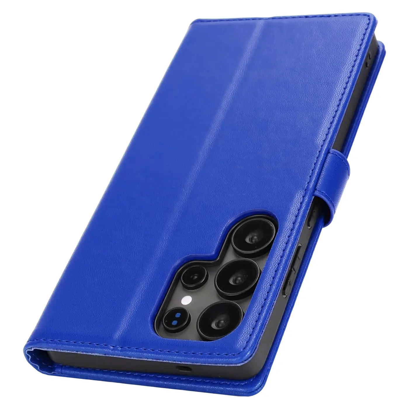 Blaue Kunstleder-Klapphülle mit Kartenfächern für Samsung Galaxy S23 Ultra, von schräg oben.
