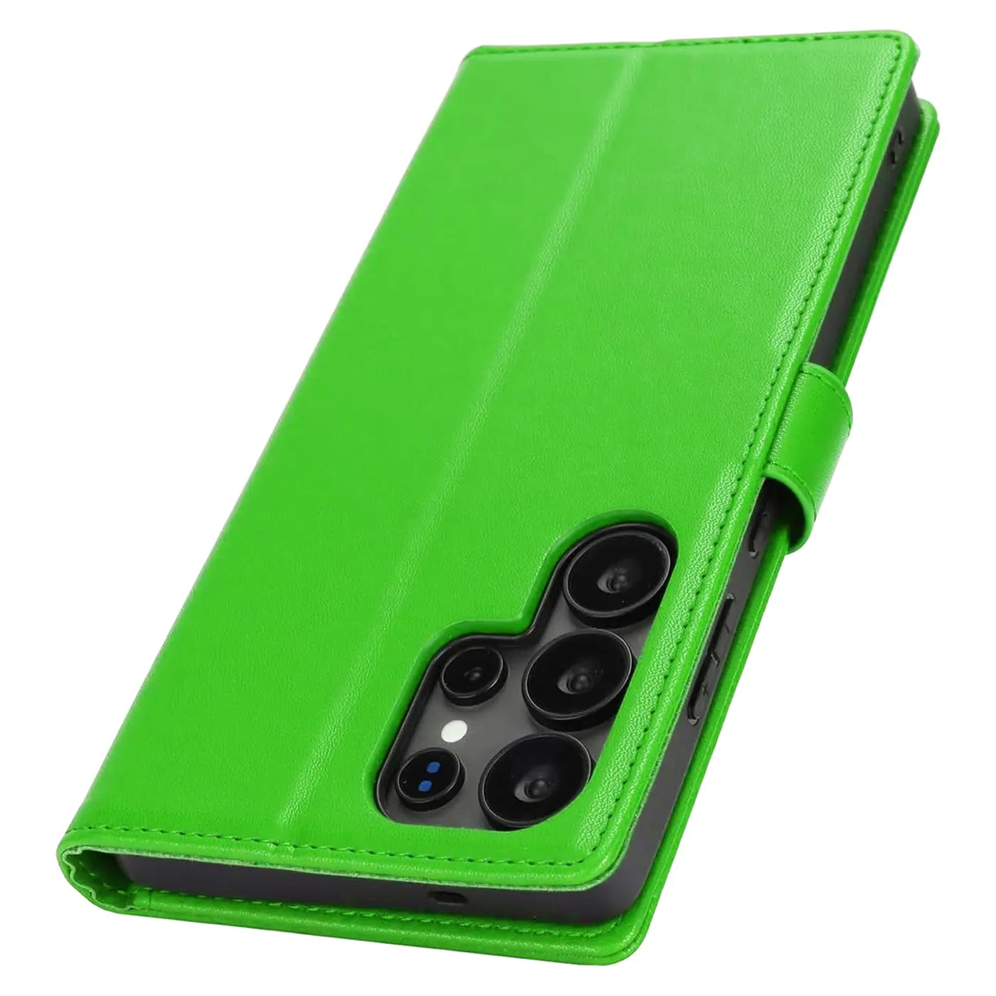 Grüne Kunstleder-Klapphülle mit Kartenfächern für Samsung S26 Ultra, von oben links.