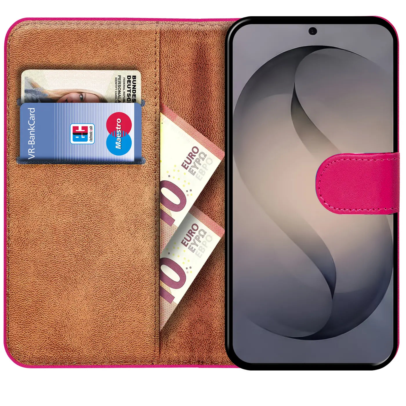 Pink Kunstleder-Klapphülle mit Kartenfächern und Geldscheinfach, zeigt ein Smartphone.