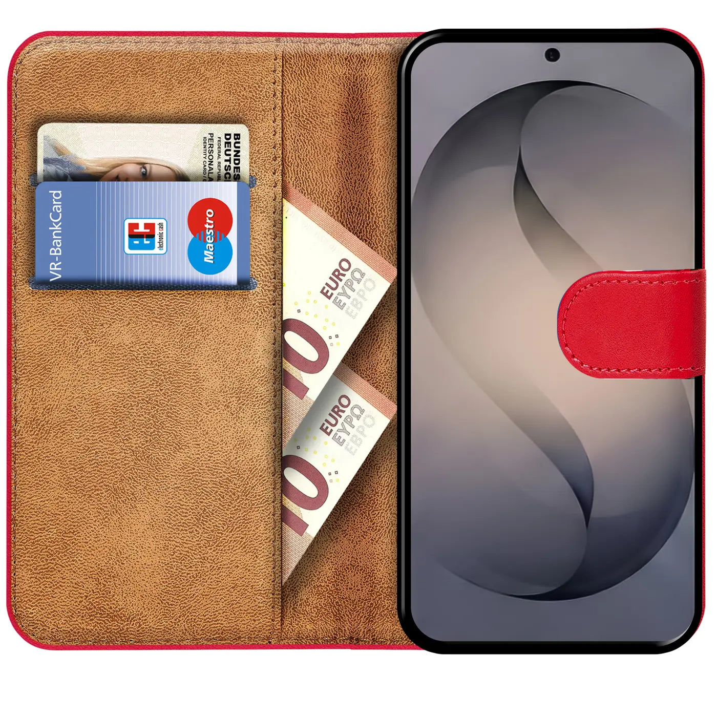 Rote Leder-Klapphülle mit Kartenfächern und Geldscheinfach, zeigt Samsung S26 Ultra.