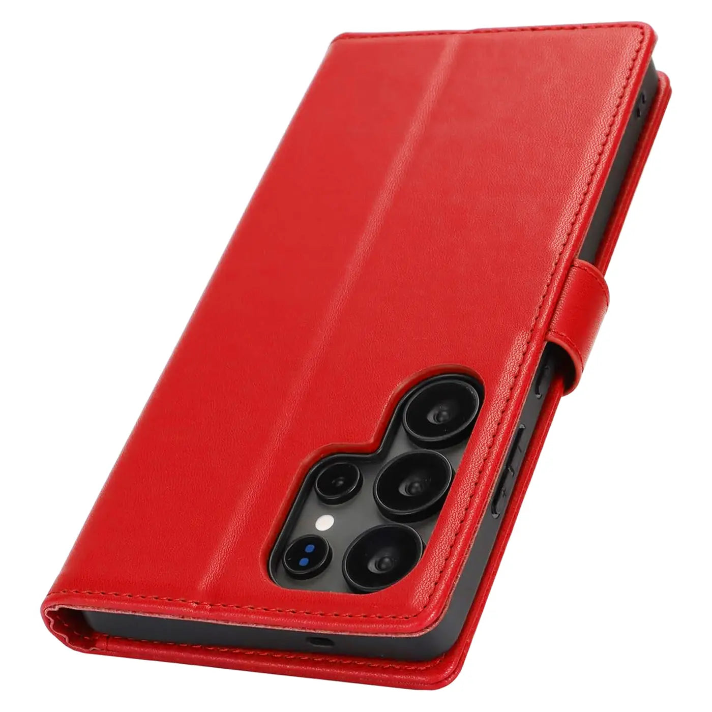 Rote Leder-Klapphülle mit Kartenfächern, Samsung S26 Ultra, von schräg oben.