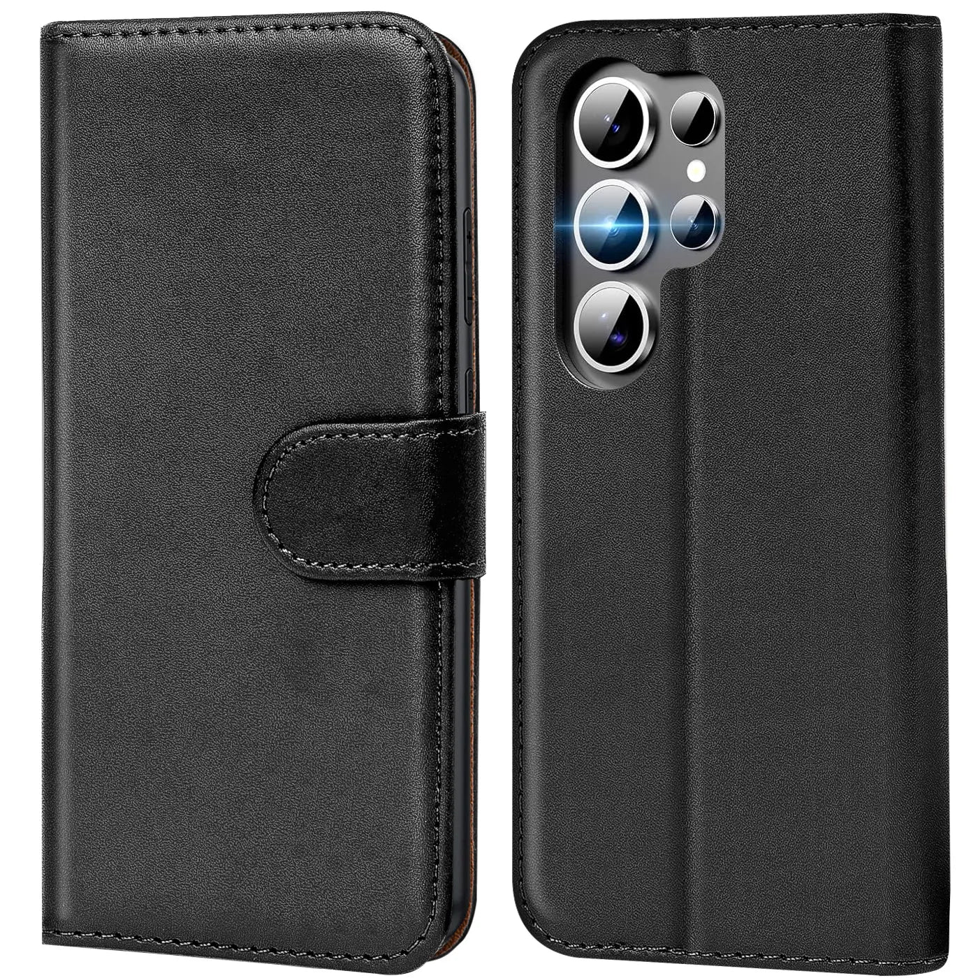 Schwarze Leder-Klapphülle mit Kartenfächern, Vorder- und Rückansicht eines Samsung Galaxy S26 Ultra.