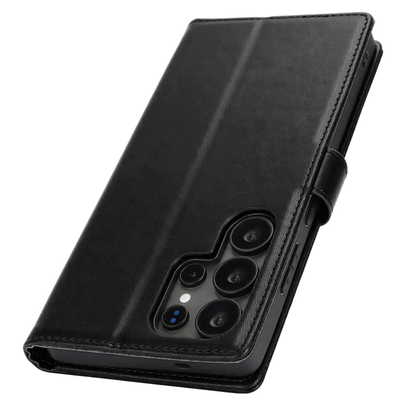 Schwarze Leder-Klapphülle mit Kartenfächern für Samsung Galaxy S26 Ultra, von schräg oben