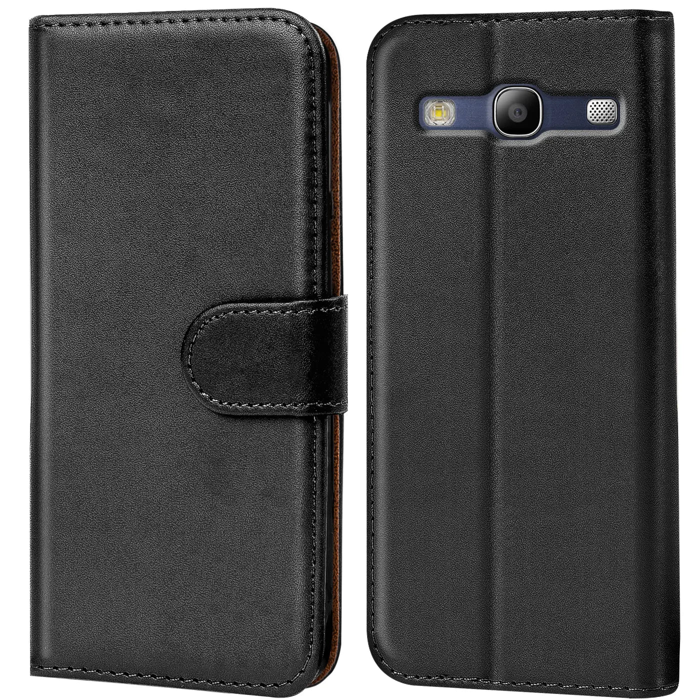 Schwarze Leder-Klapphülle mit Kartenfächern, Vorder- und Rückansicht, für Samsung Galaxy S3 / S3 Neo.
