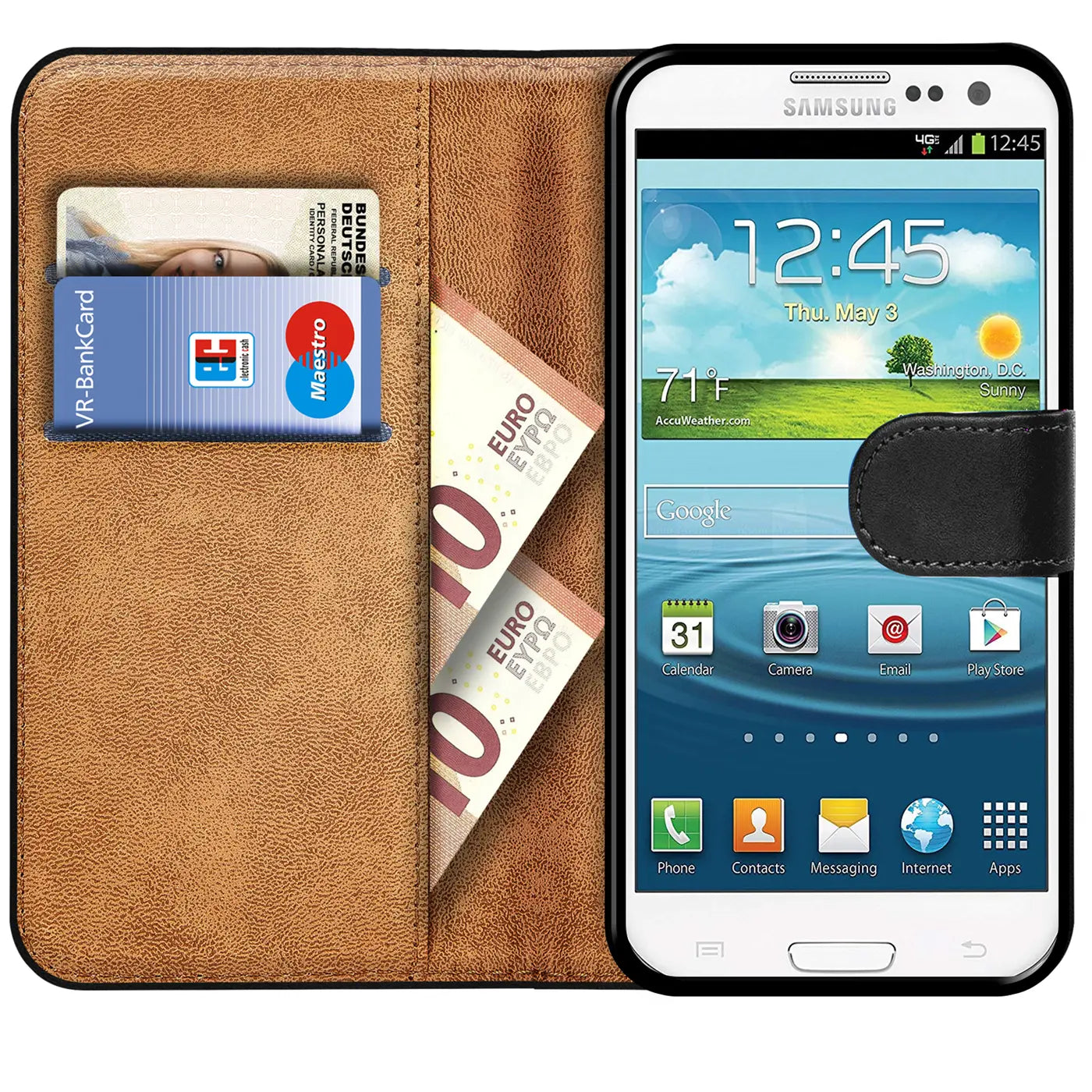 Braune Leder-Klapphülle mit Kartenfächern und Samsung Galaxy S3 Neo, von vorne