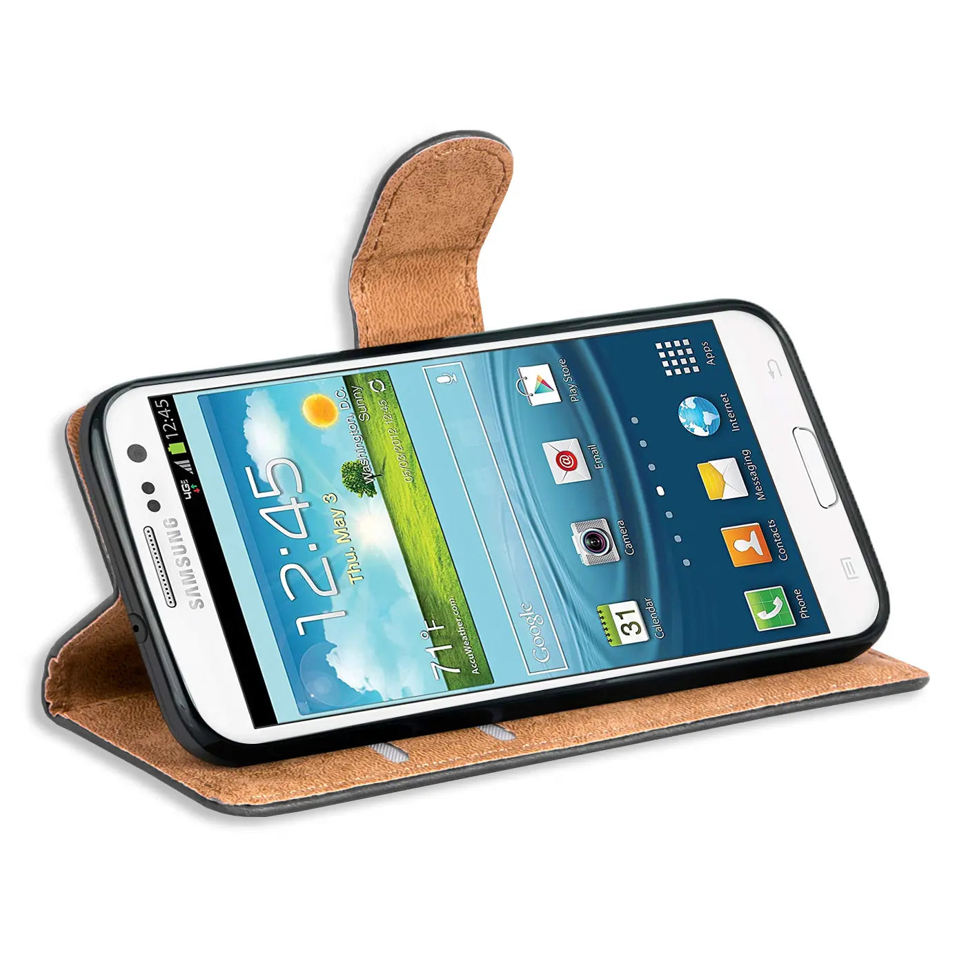 Braune Leder-Klapphülle mit Kartenfächern, zeigt ein Samsung Galaxy S3/S3 Neo.