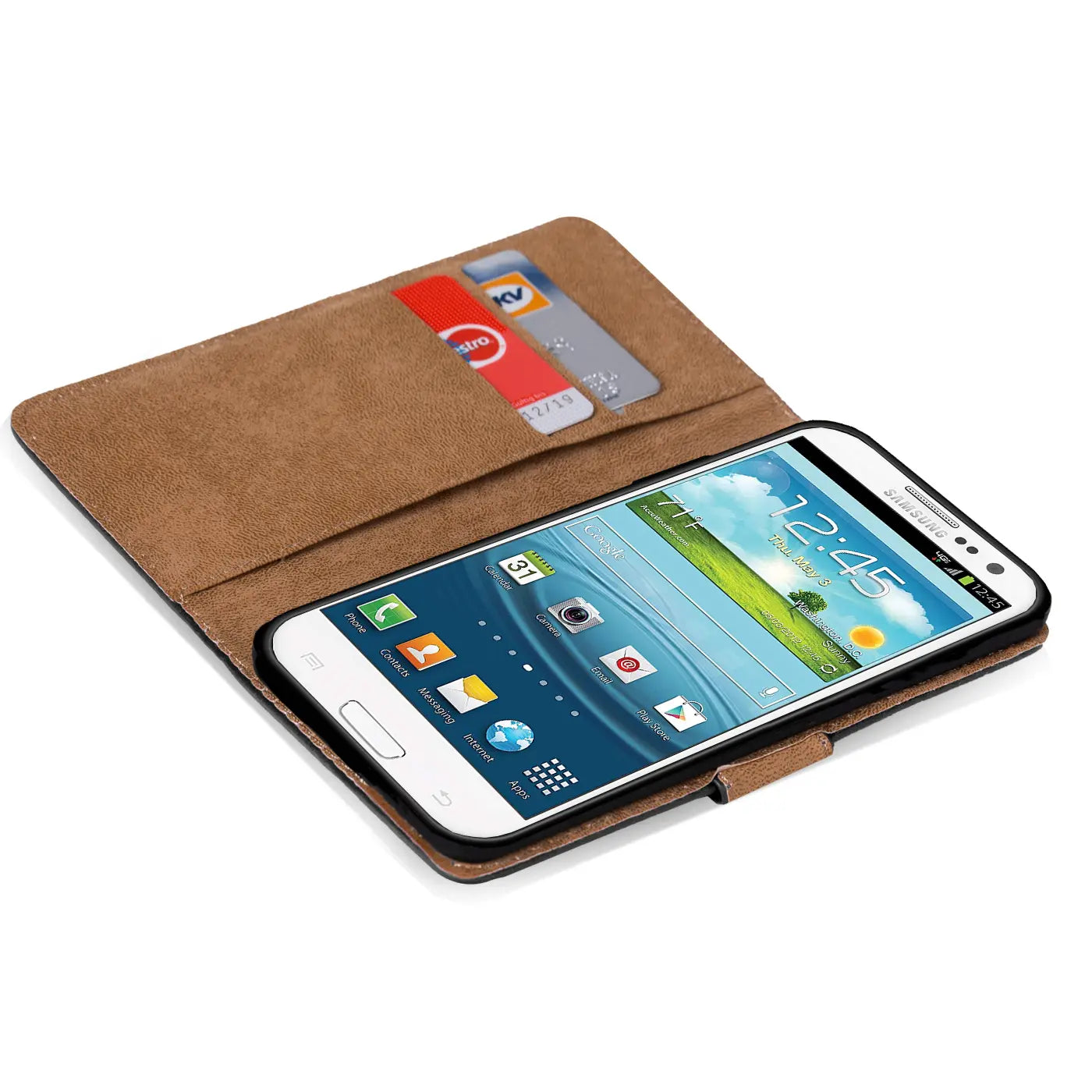Braune Kunstleder-Klapphülle mit Kartenfächern, zeigt Samsung Galaxy S3/S3 Neo von vorne.