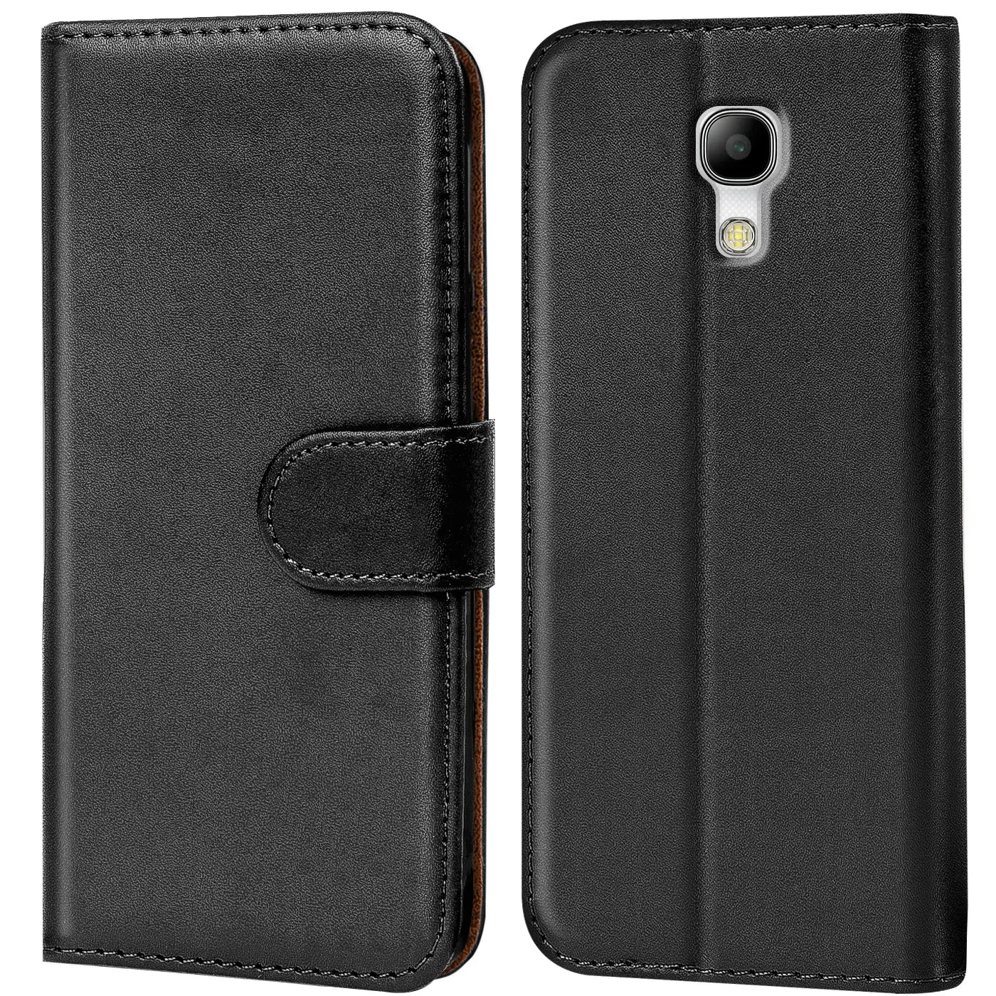 Schwarze Leder-Klapphülle mit Kartenfächern, Vorder- und Rückansicht, für Samsung Galaxy S4 Mini.