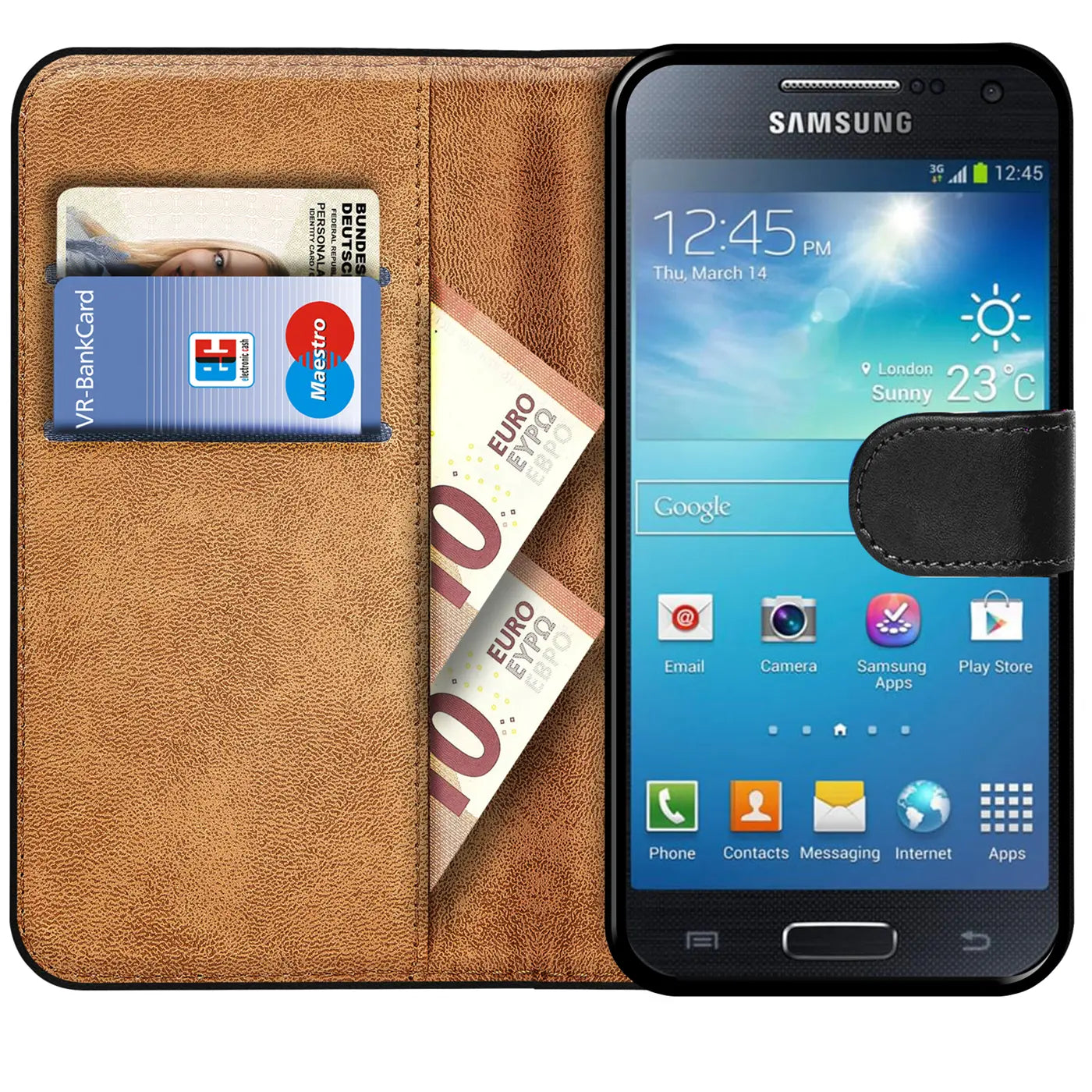 Braune Leder-Klapphülle mit Kartenfächern und Geldscheinen, zeigt Samsung Galaxy S4 Mini.