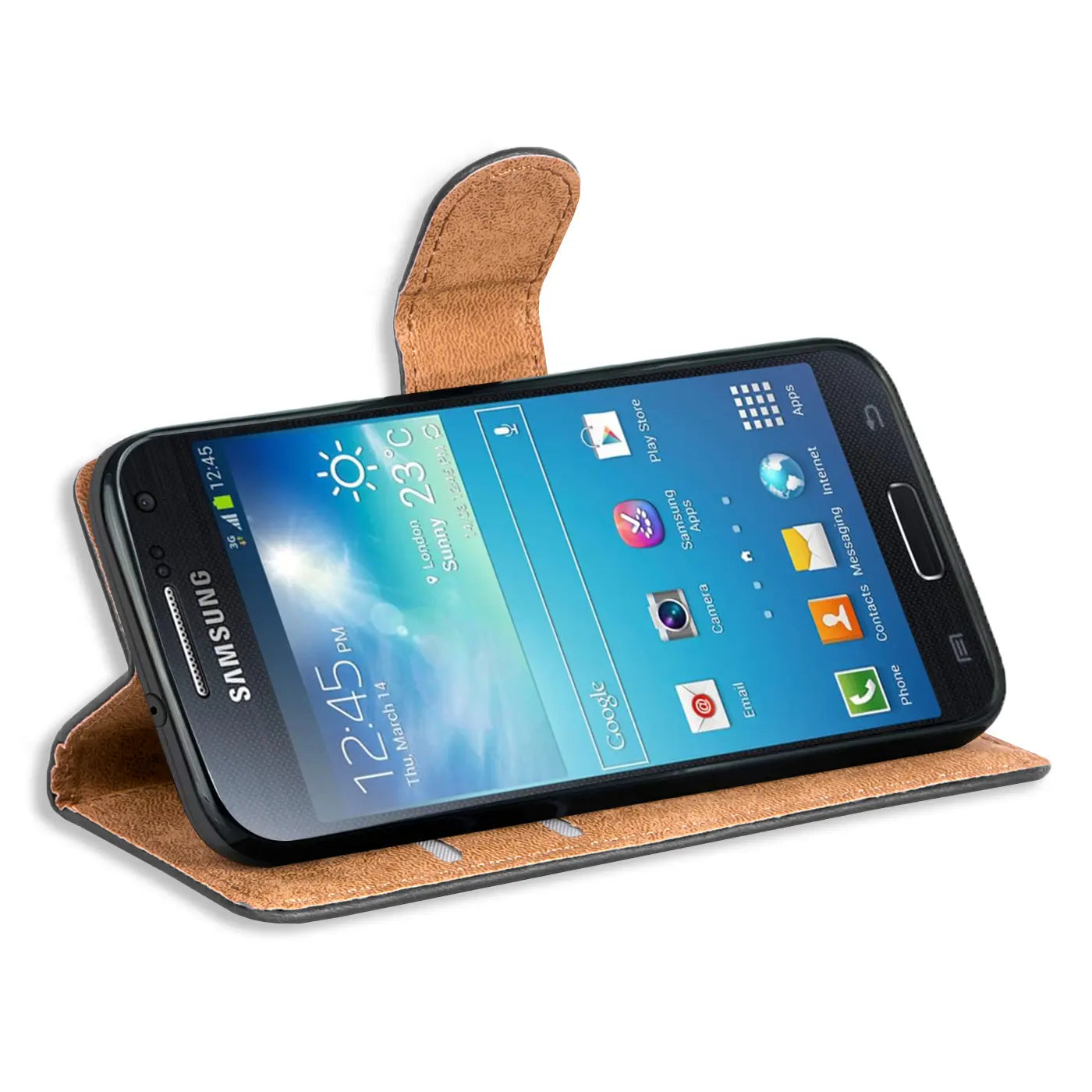 Braune Kunstleder-Klapphülle mit Kartenfächern, zeigt Samsung Galaxy S4 Mini, von vorne schräg.