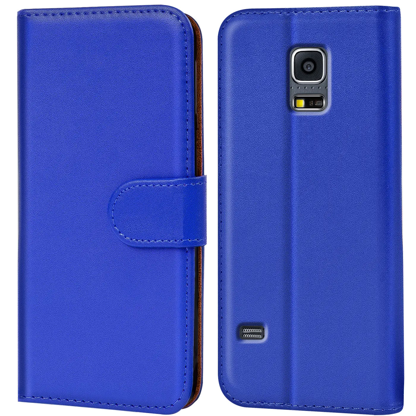 Blaue Kunstleder-Klapphülle mit Kartenfächern für Samsung Galaxy S5/S5 Neo, Vorder- und Rückansicht.
