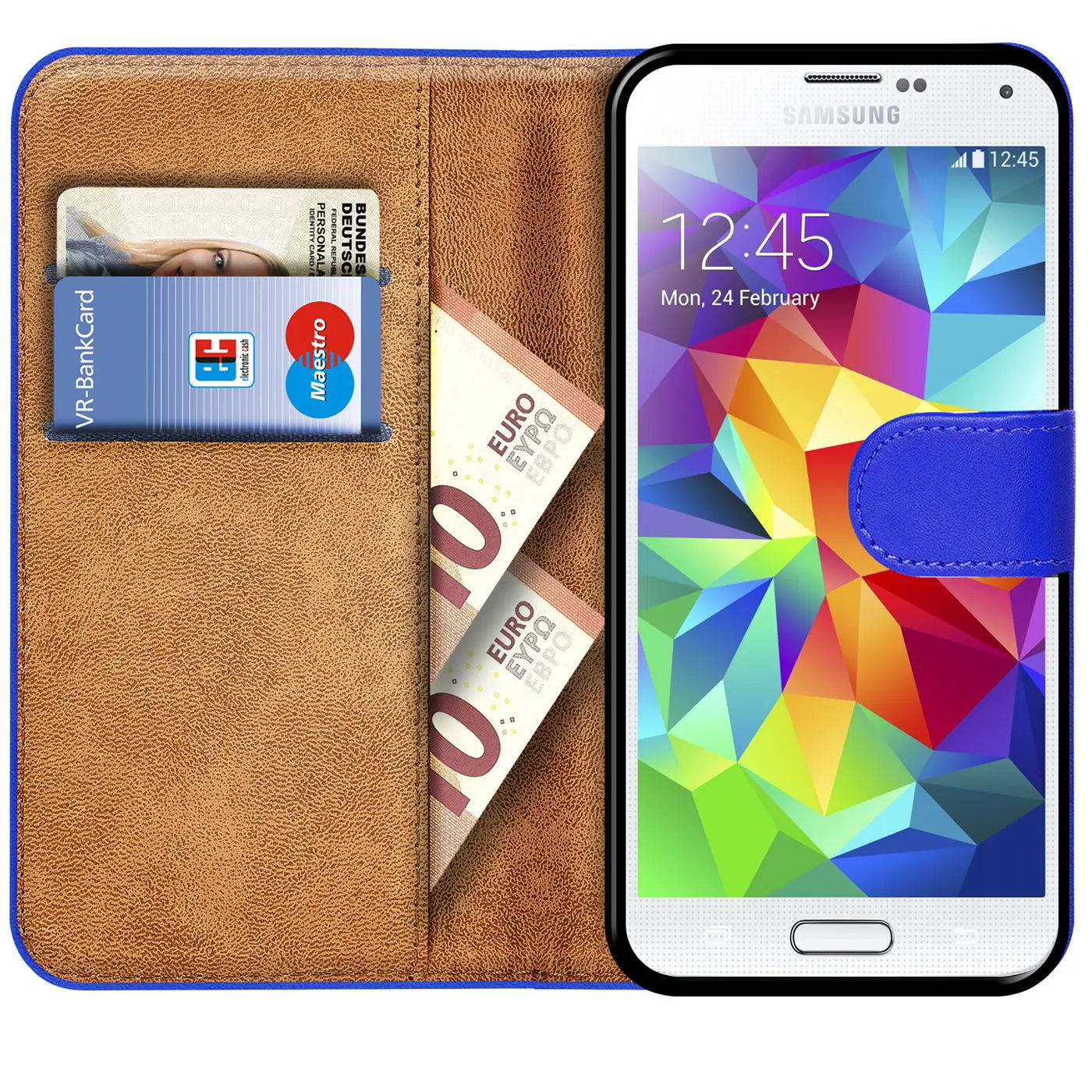Braune Leder-Klapphülle mit blauem Verschluss, zeigt Samsung S5, Karten, Euro-Scheine.