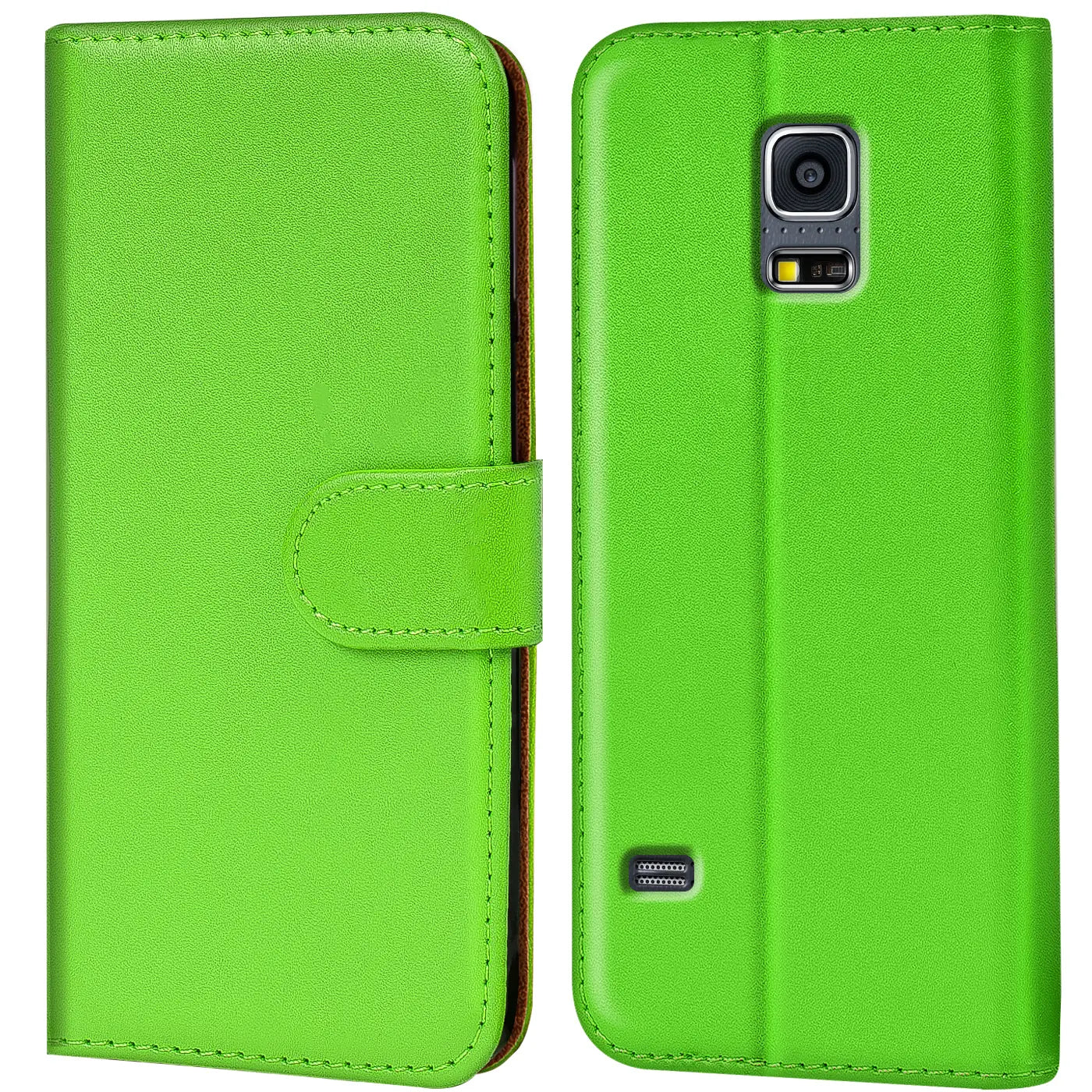 Grüne Kunstleder-Klapphülle für Samsung Galaxy S5/S5 Neo, Vorder- und Rückansicht.