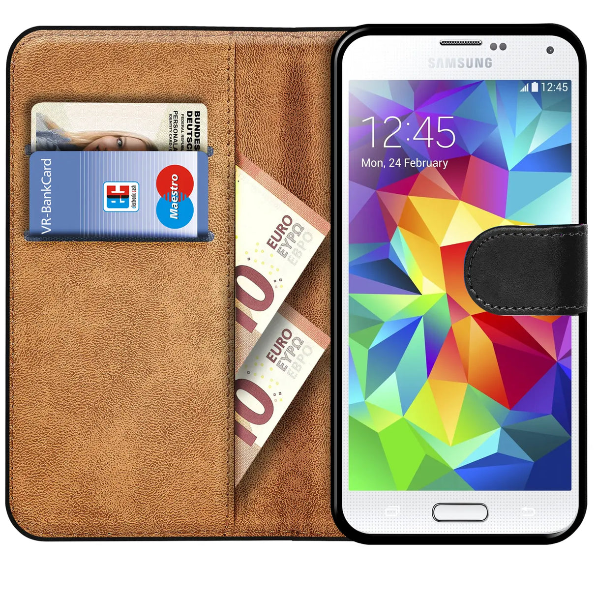 Samsung Galaxy S5 Mini Klapphülle in Schwarz mit Kartenfächern und Schutz