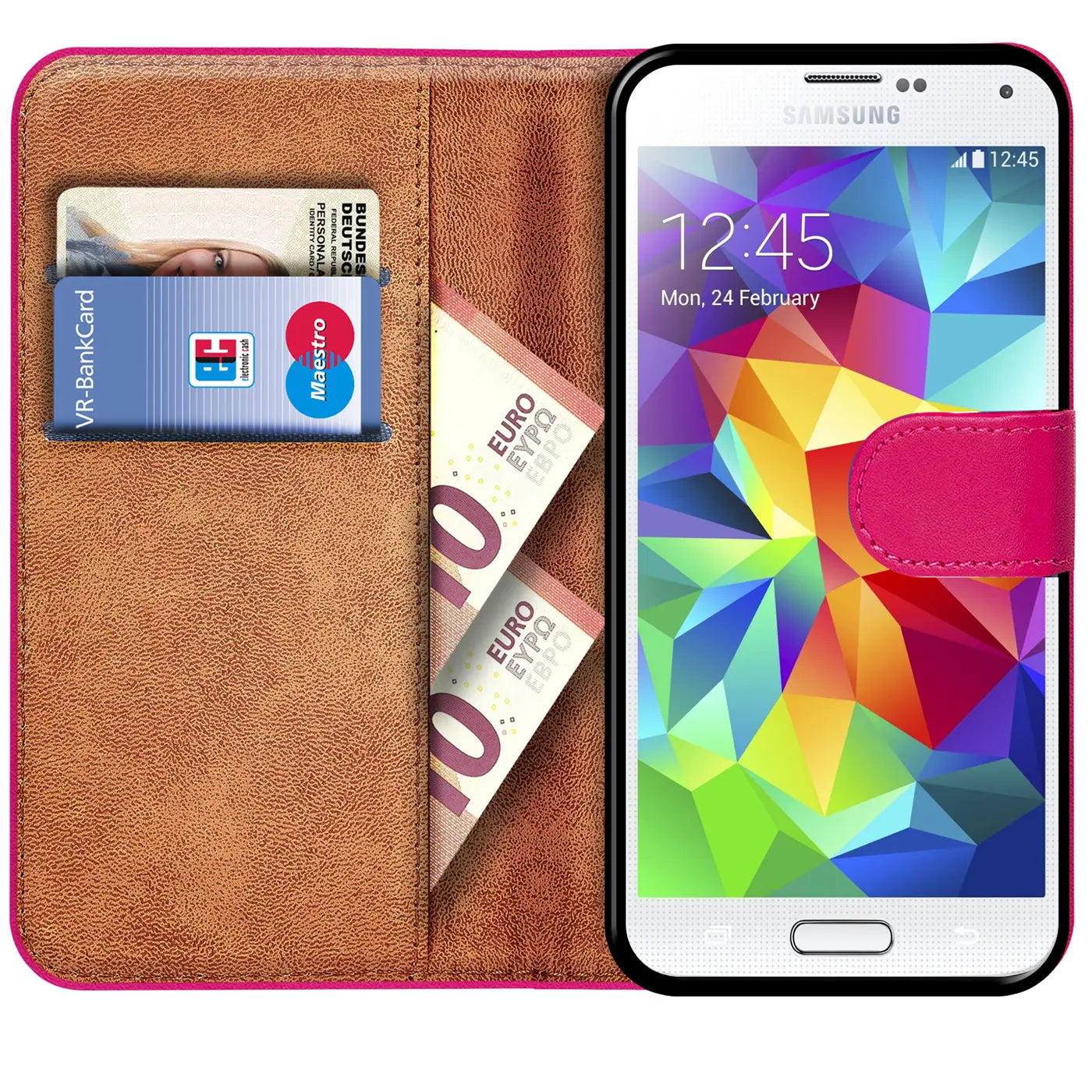 Braune Leder-Klapphülle mit Kartenfächern und pinkem Verschluss, zeigt Samsung Galaxy S5/S5 Neo.