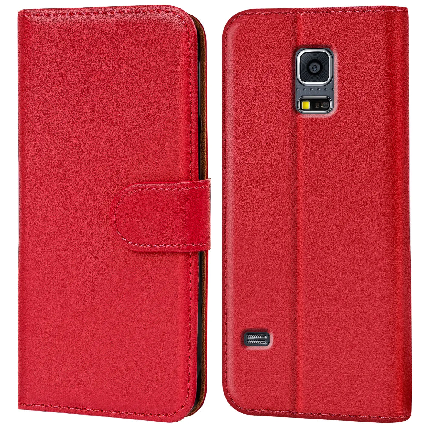 Rote Kunstleder-Klapphülle mit Kartenfächern, Vorder- und Rückansicht, für Samsung Galaxy S5 / S5 Neo.