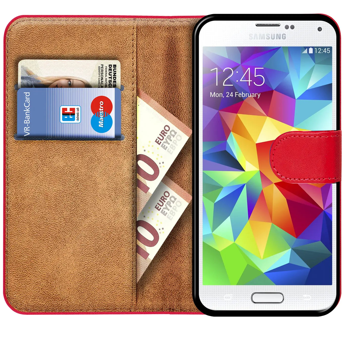Rote Kunstleder-Klapphülle mit Kartenfächern, zeigt Samsung Galaxy S5/S5 Neo.