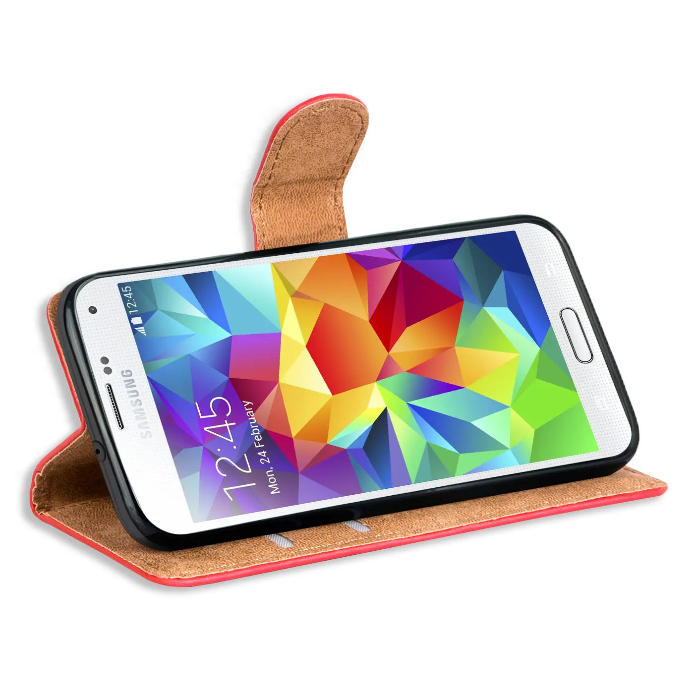 Rote Klapphülle aus Leder mit Kartenfächern, zeigt Samsung Galaxy S5 Neo von vorne.