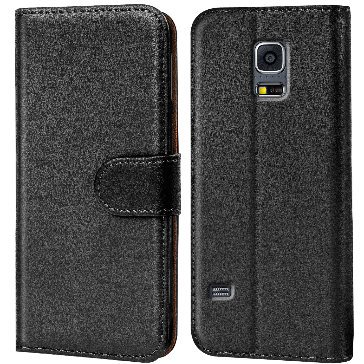Schwarze Leder-Klapphülle für Samsung Galaxy S5/S5 Neo, Vorder- und Rückansicht.