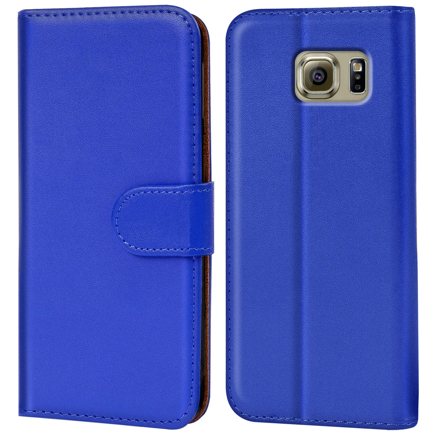Blaue Kunstleder-Klapphülle mit Kartenfächern, Vorder- und Rückansicht, Samsung Galaxy S6 Edge.