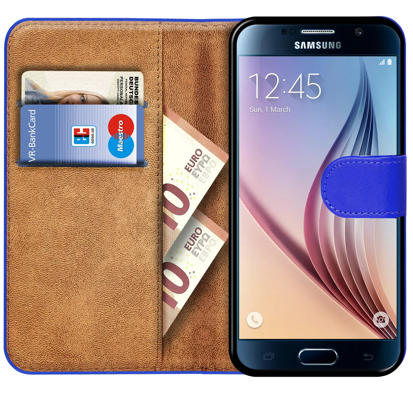Braune Leder-Klapphülle mit blauen Akzenten, zeigt Samsung S6 Edge, Karten & Geld.