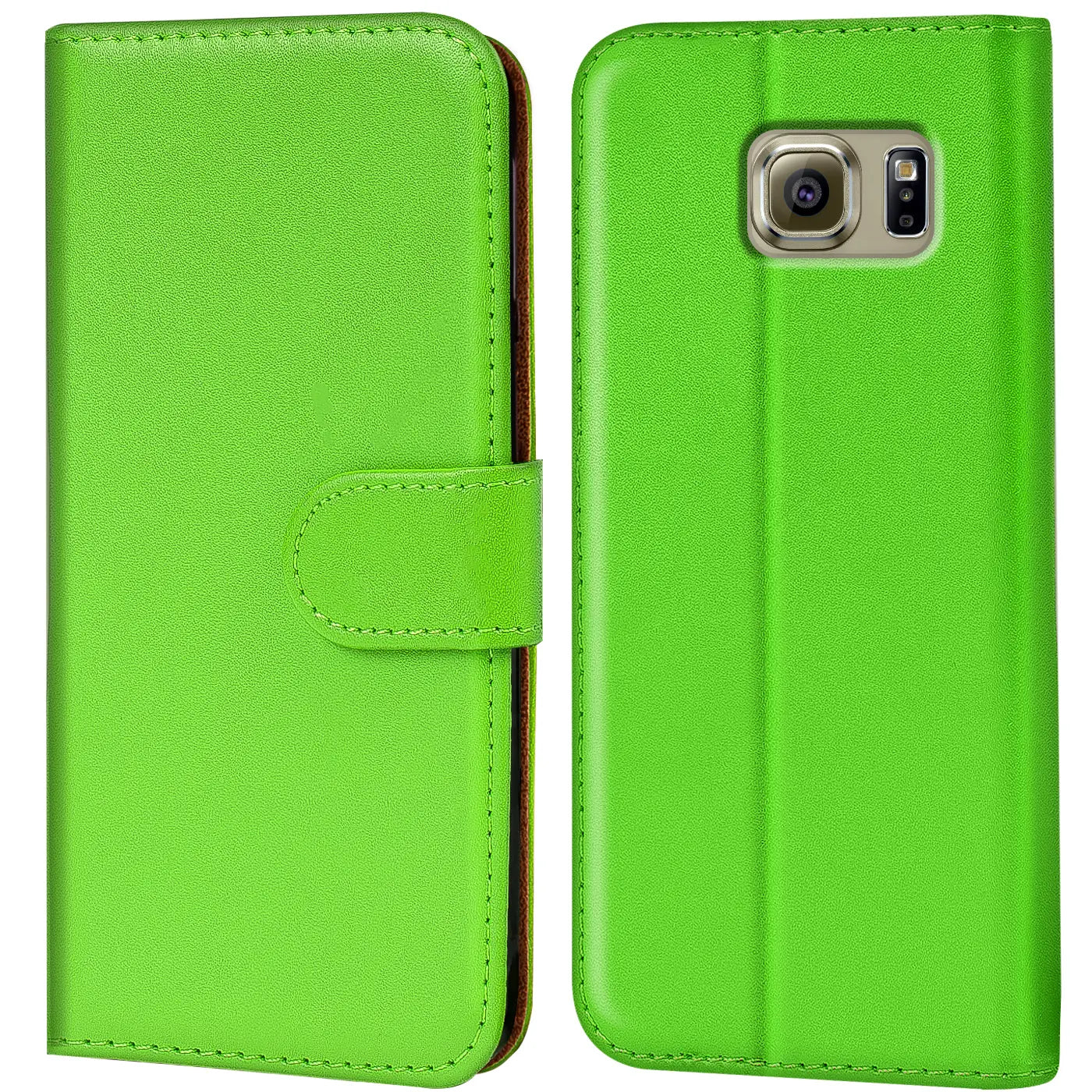 Grüne Leder-Klapphülle mit Kartenfächern für Samsung Galaxy S6 Edge, Vorder- und Rückansicht.