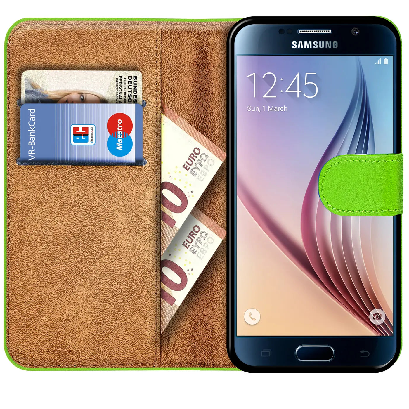 Grüne Klapphülle aus Leder mit Kartenfächern und Samsung Galaxy S6 Edge, von vorne