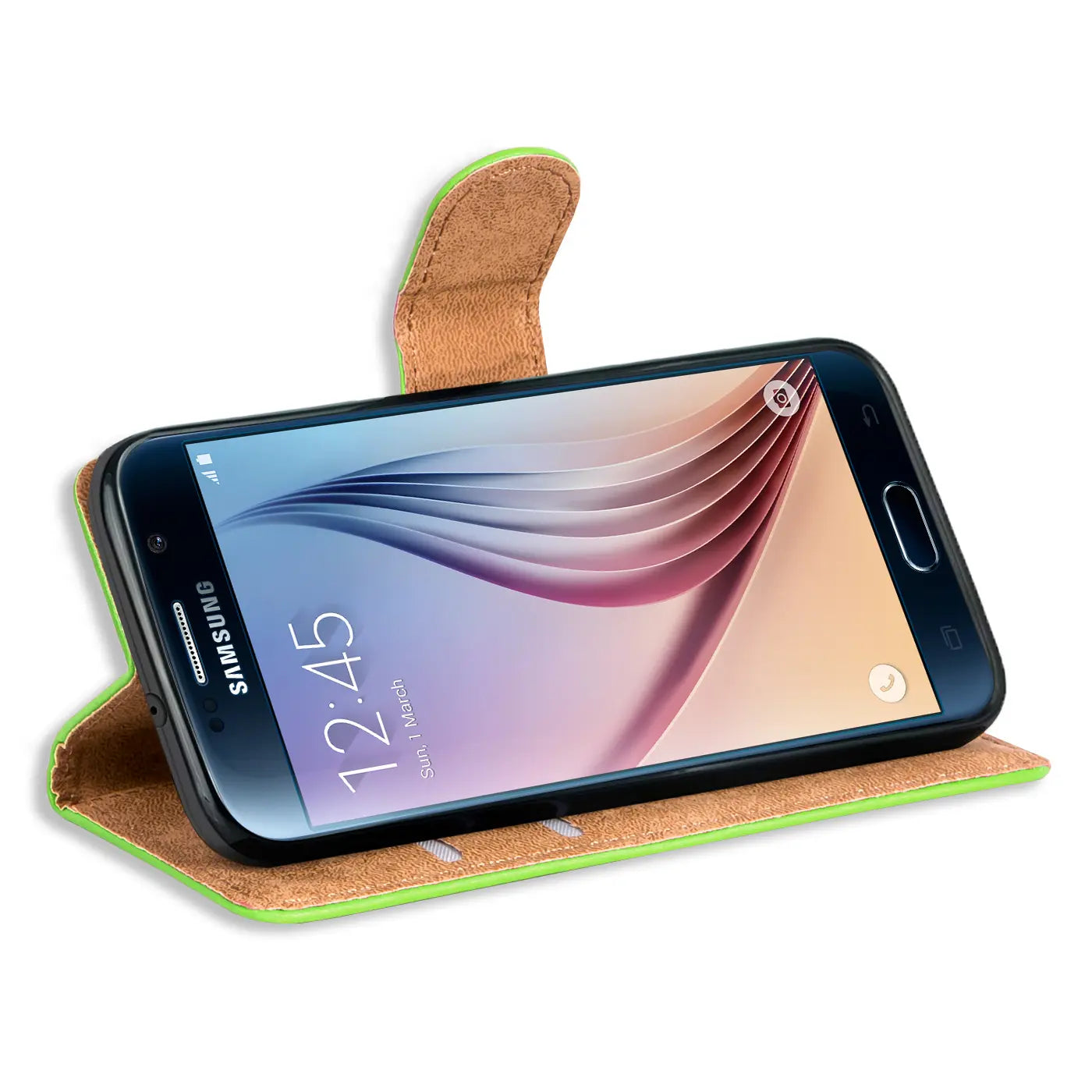 Grüne Klapphülle aus Leder mit Kartenfächern, Samsung Galaxy S6 Edge, Seitenansicht