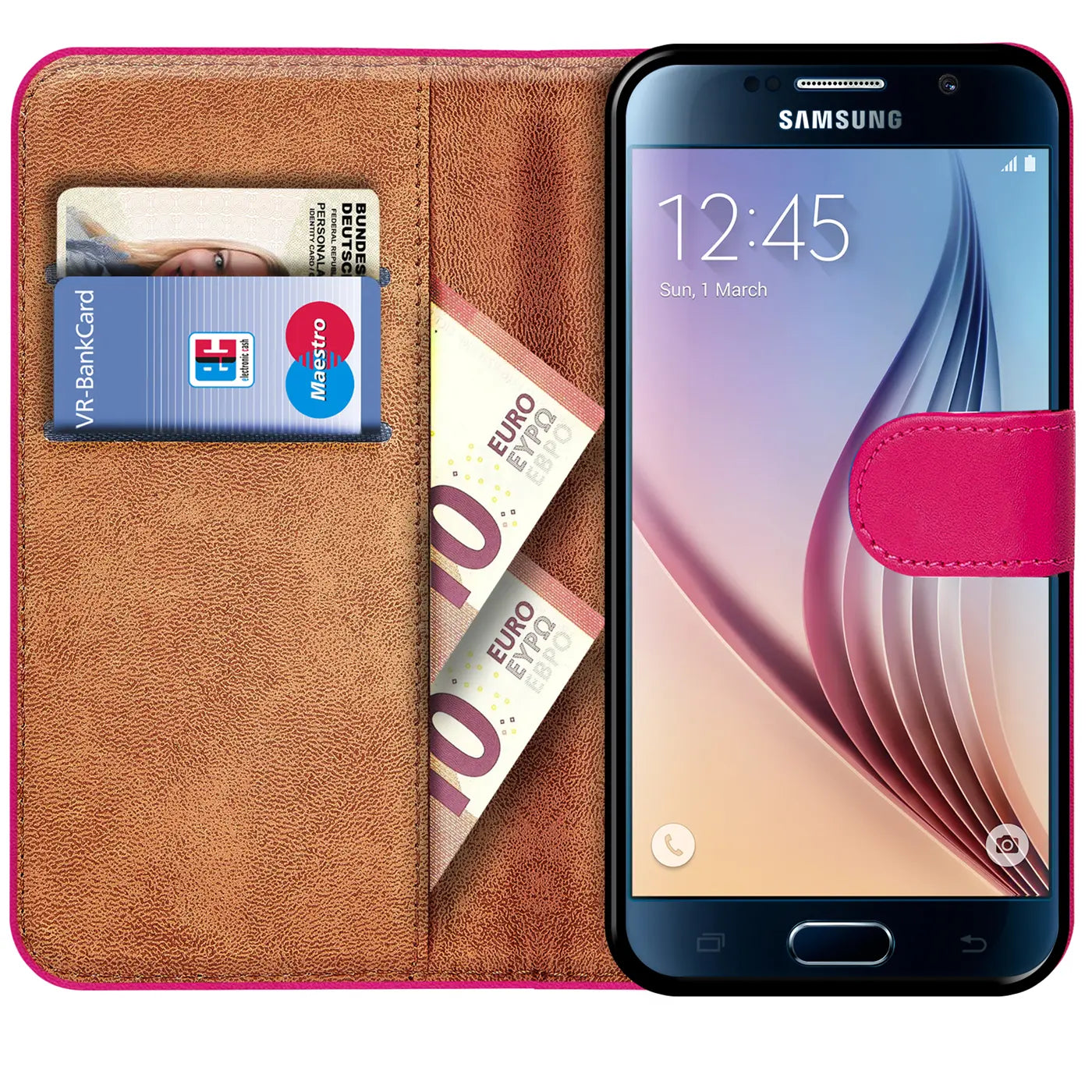 Pink Klapphülle aus Lederimitat mit Kartenfächern und Euro-Scheinen, zeigt Samsung Galaxy S6 Edge.