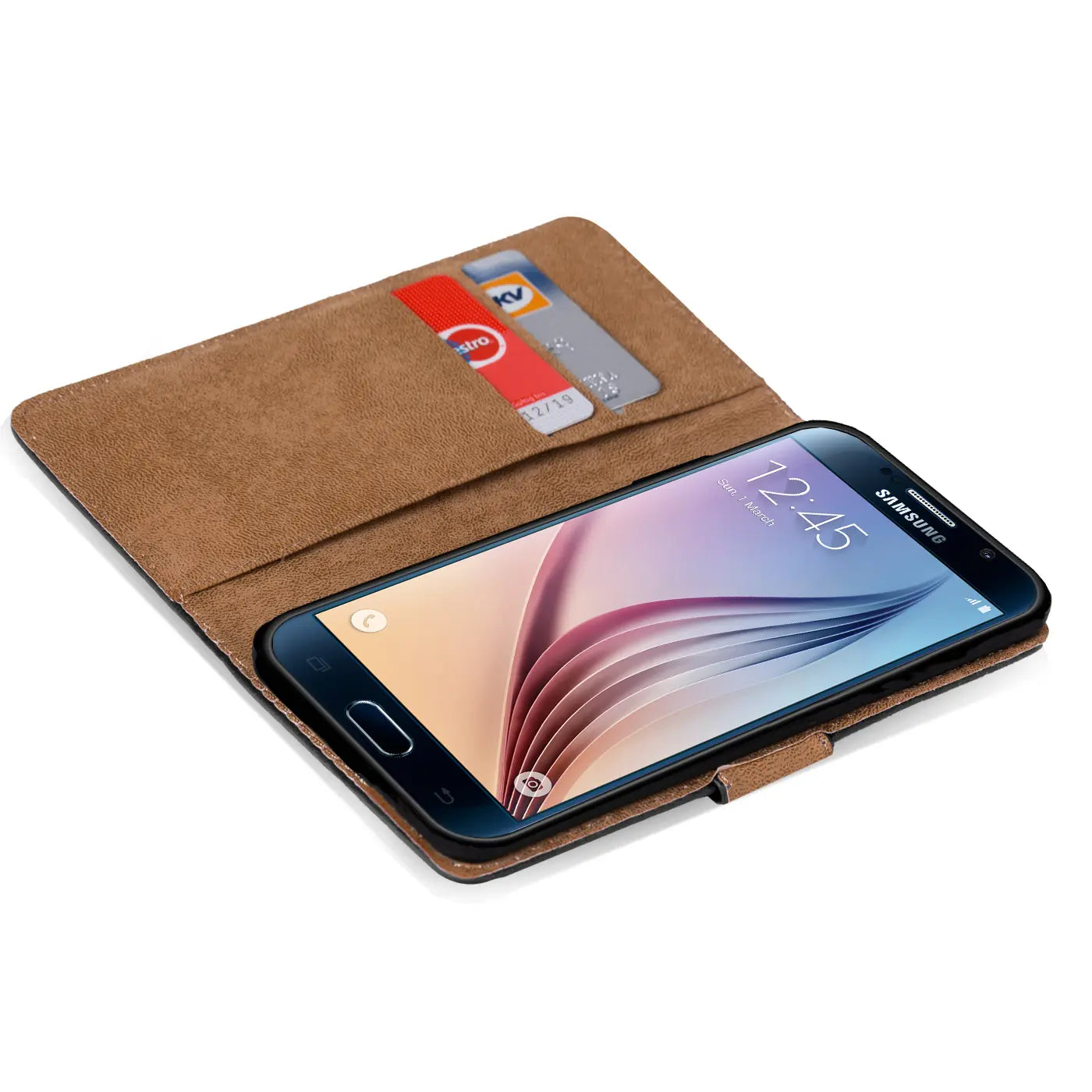 Braune Kunstleder-Klapphülle mit Kartenfächern, Samsung Galaxy S6 Edge, von oben