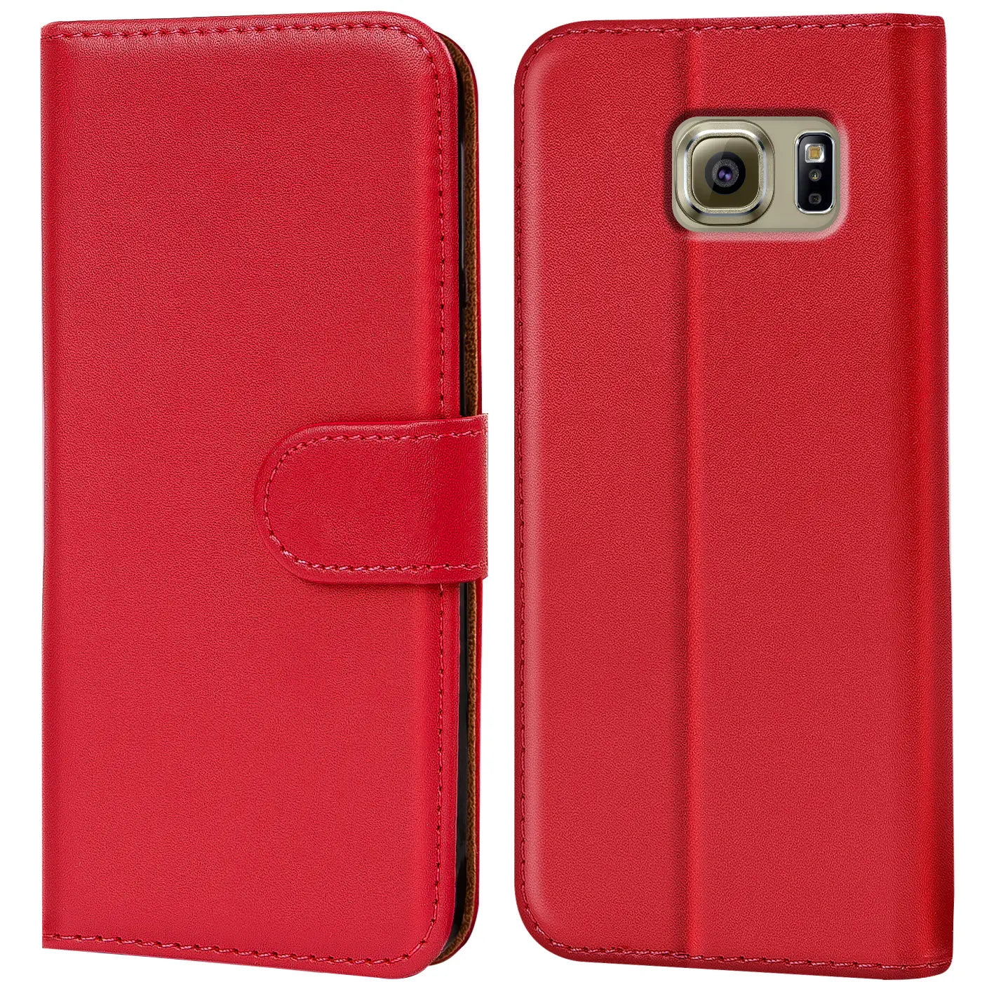 Rote Leder-Klapphülle mit Kartenfächern, Vorder- und Rückansicht, für Samsung Galaxy S6 Edge.