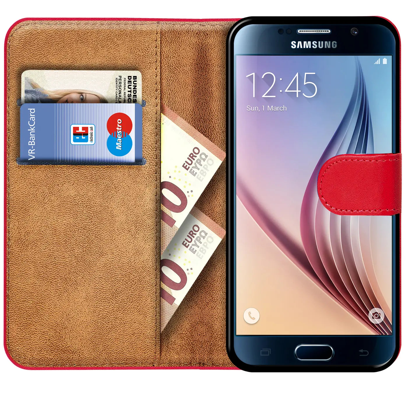 Rote Klapphülle aus Kunstleder mit Kartenfächern und Samsung S6 Edge, von vorne