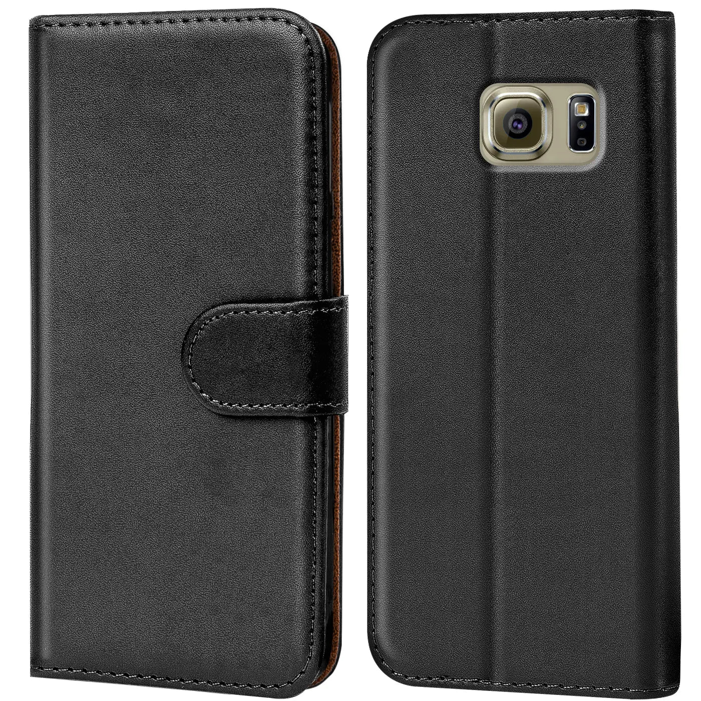 Schwarze Leder-Klapphülle für Samsung Galaxy S6 Edge, Vorder- und Rückansicht.