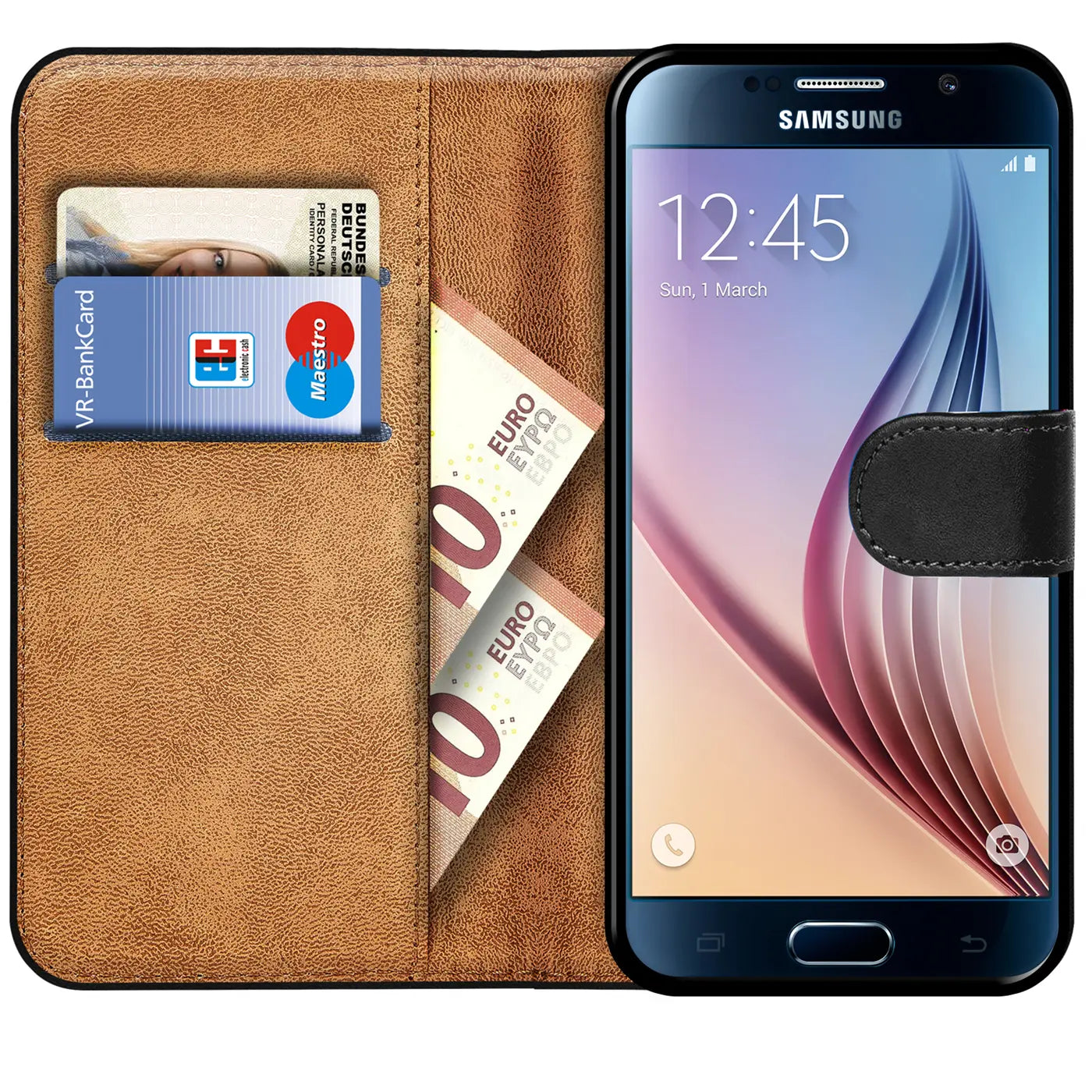 Braune Leder-Klapphülle mit Kartenfächern und Samsung Galaxy S6 Edge, von vorne