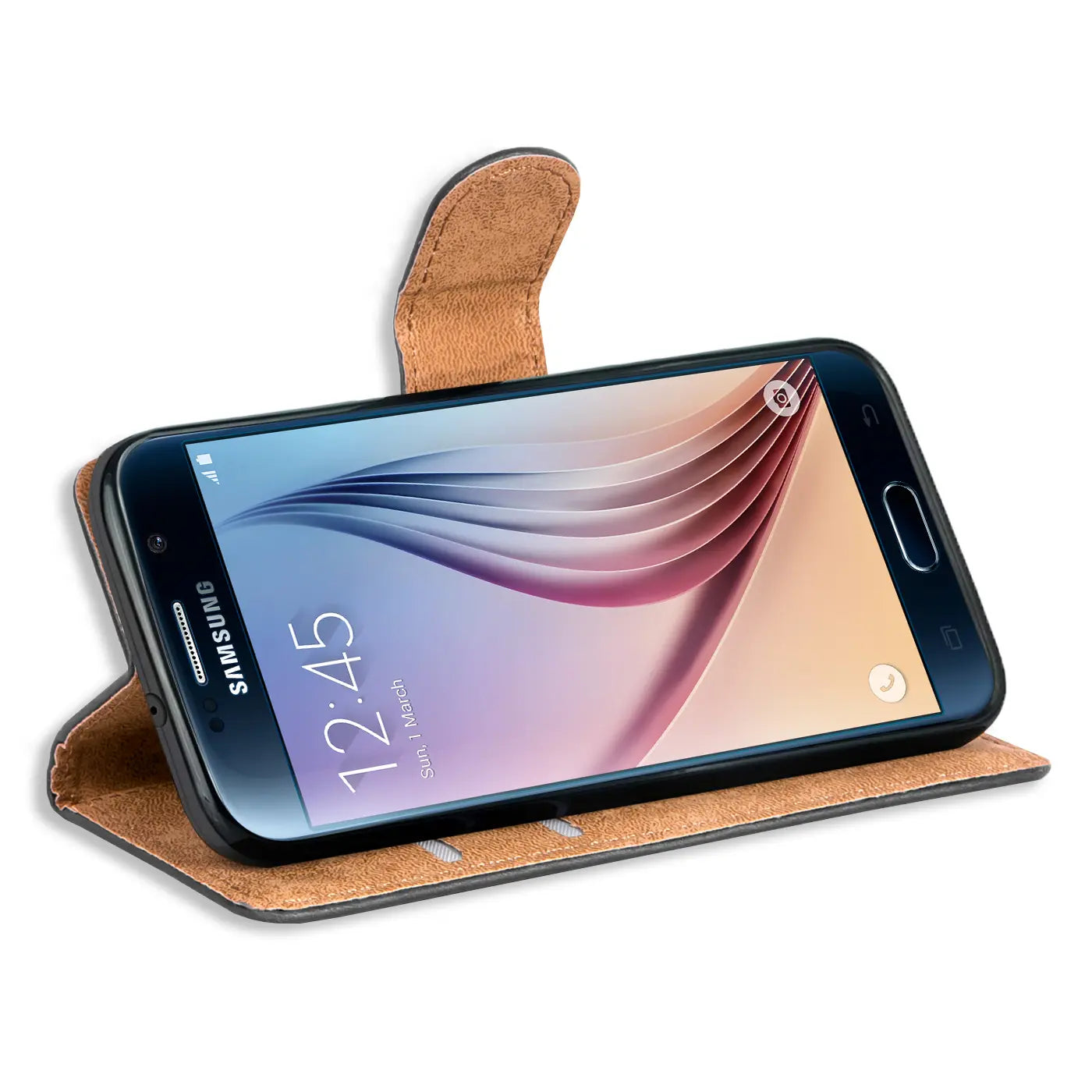 Braune Leder-Klapphülle mit Kartenfächern, Samsung Galaxy S6 Edge, Nahaufnahme