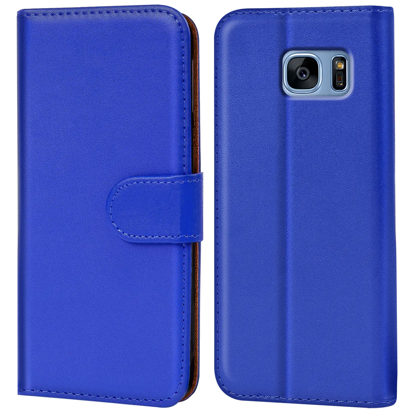 Blaue Kunstleder-Klapphülle, Vorder- und Rückansicht, Samsung Galaxy S7 erkennbar.