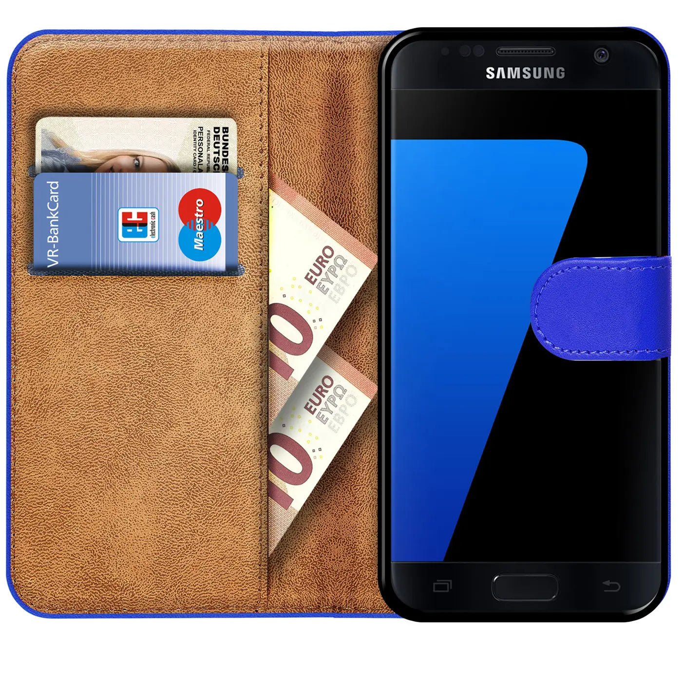 Blaue Klapphülle aus Leder mit Kartenfächern, zeigt Samsung S7, Vorderansicht.