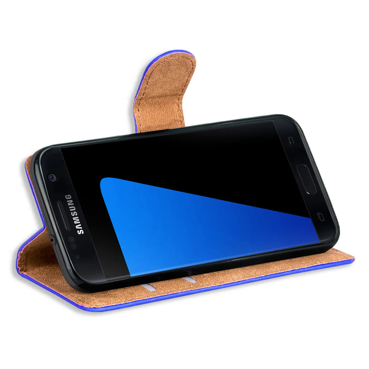 Samsung Galaxy S7 in blauer Kunstleder-Klapphülle, von vorne schräg