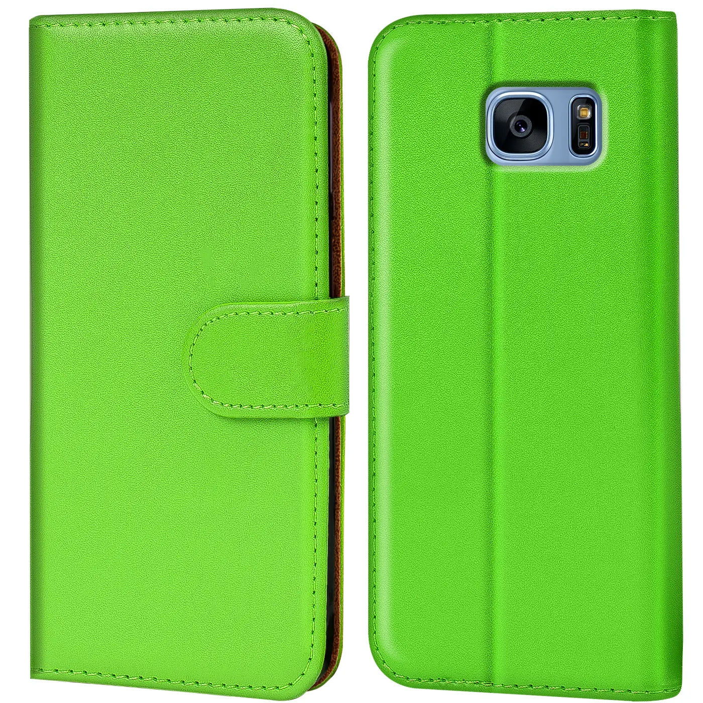 Grüne Kunstleder-Klapphülle für Samsung Galaxy S7, Vorder- und Rückansicht.