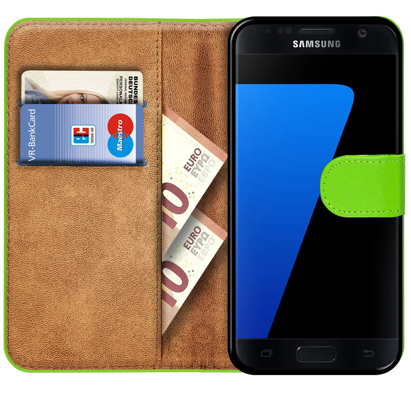 Grüne Kunstleder-Klapphülle mit Kartenfächern, zeigt Samsung Galaxy S7, Vorderansicht.