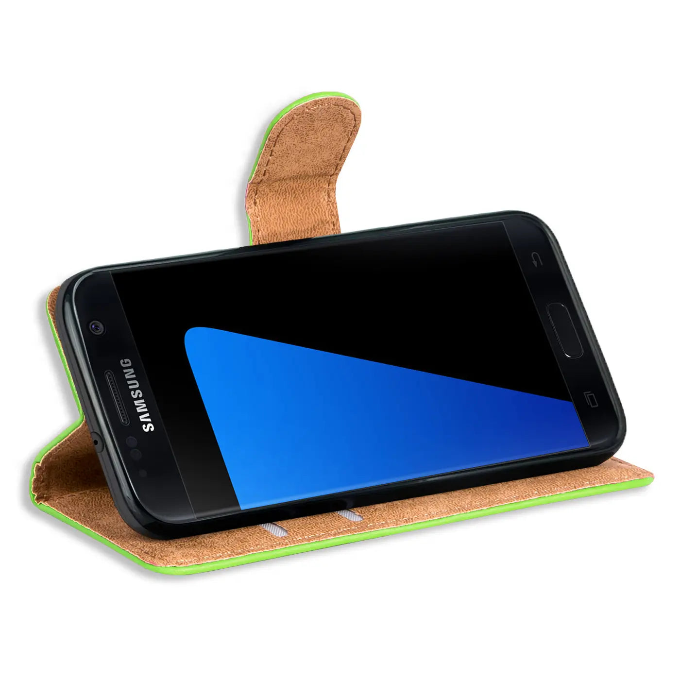 Grüne Klapphülle aus Leder mit braunem Innenleben für Samsung Galaxy S7, Seitenansicht.