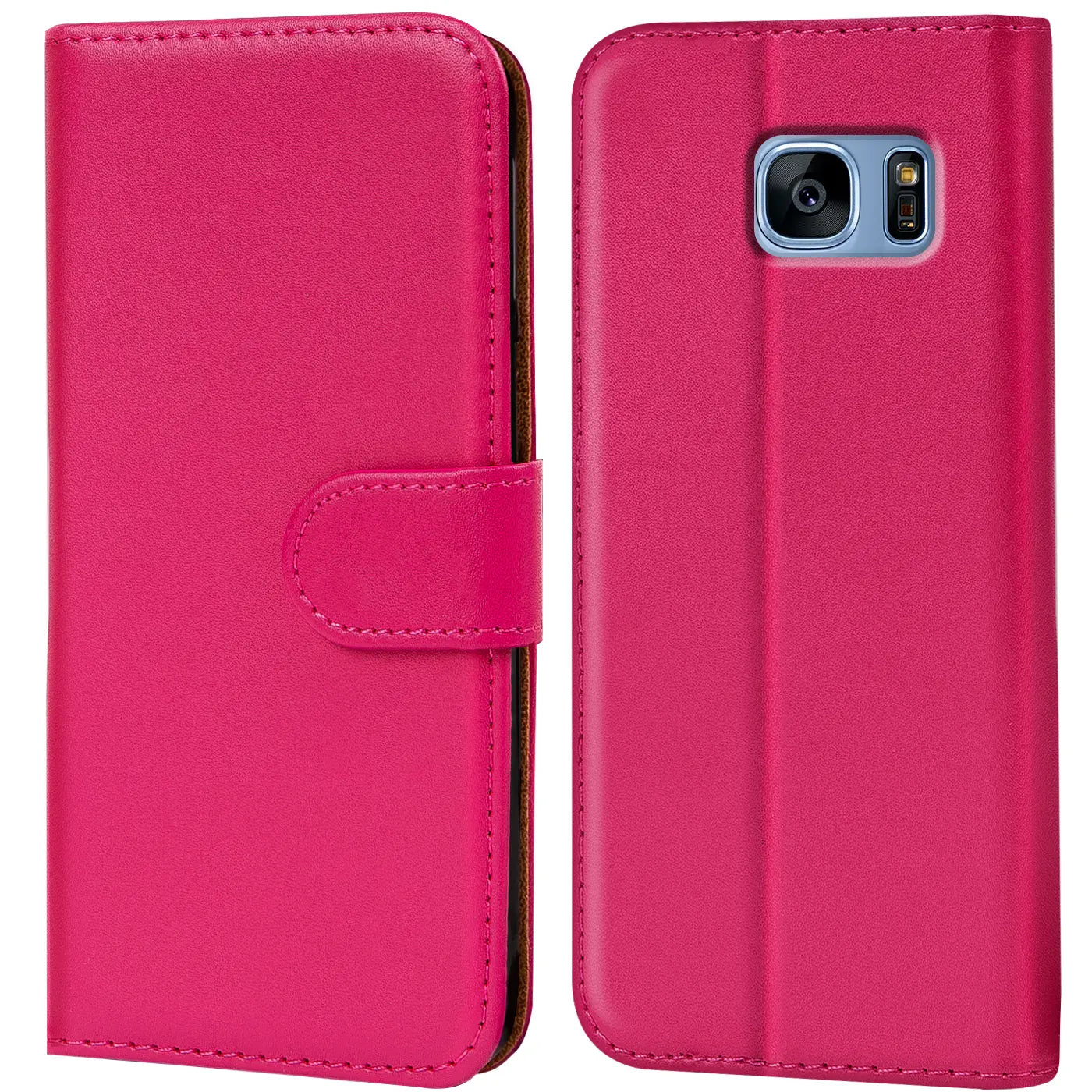 Fuchsia Leder Klapphülle mit Kartenfächern, Samsung Galaxy S7 Rückseite sichtbar