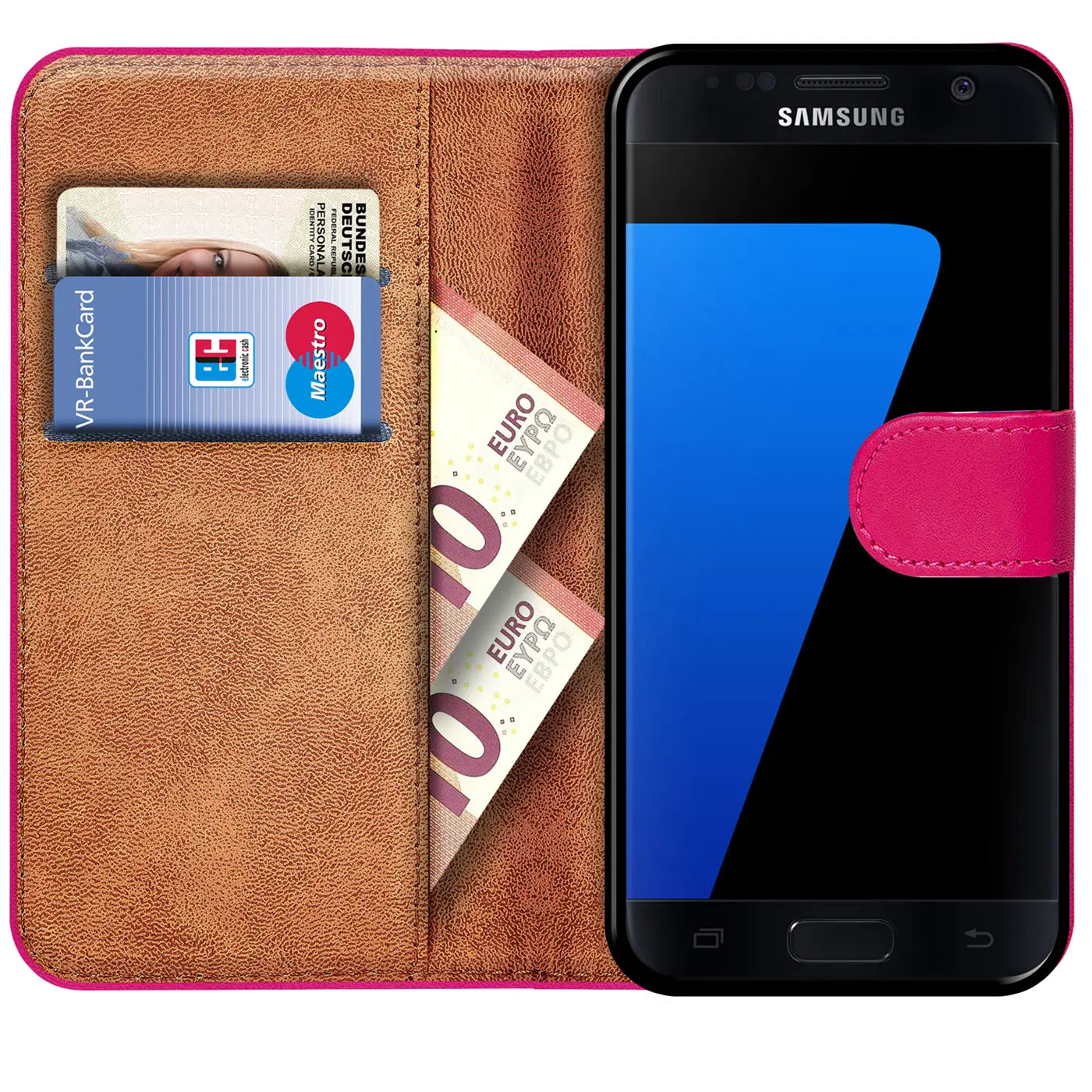 Pink Klapphülle aus Leder mit Kartenfächern, zeigt Samsung Galaxy S7.