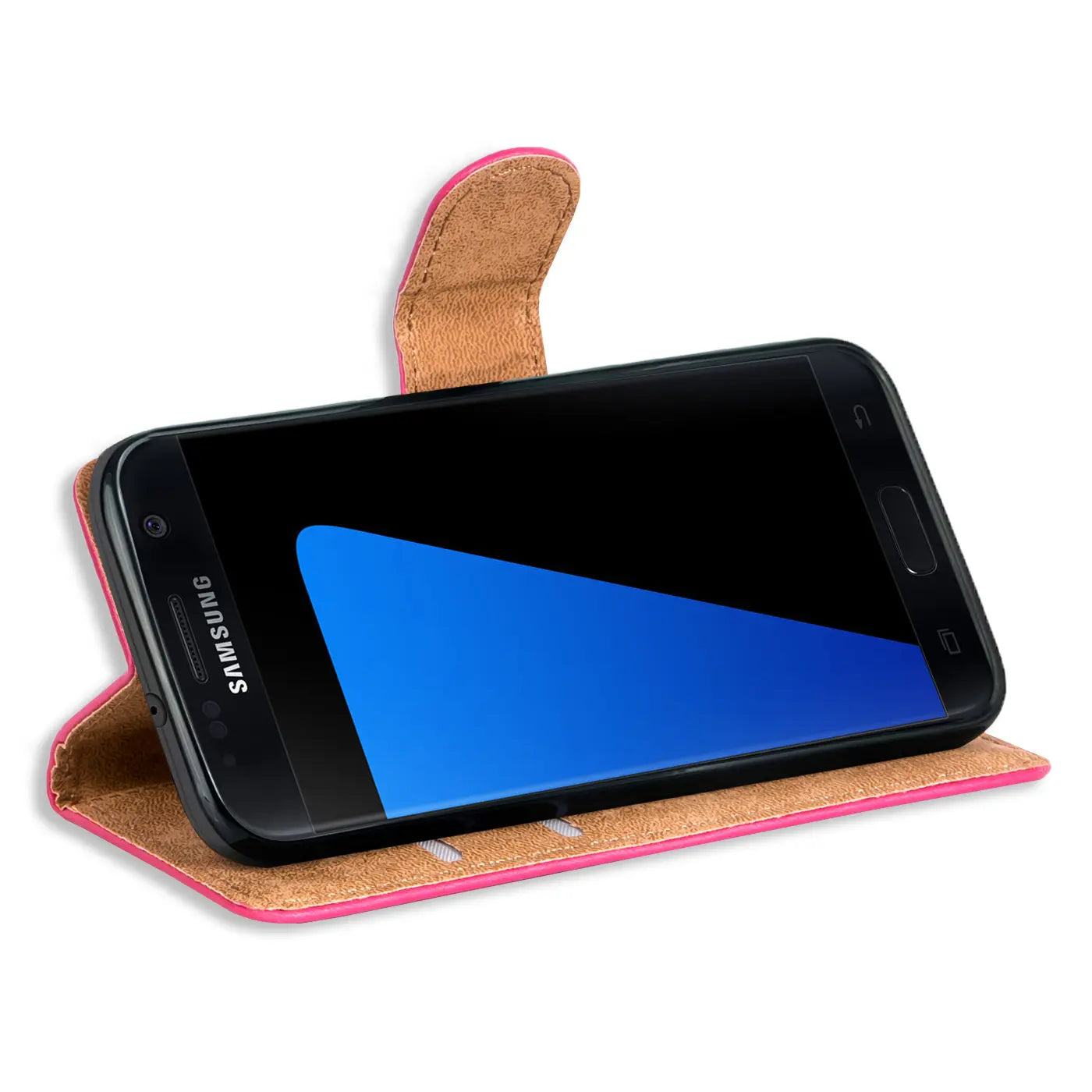 Samsung Galaxy S7 in pink Kunstleder-Klapphülle, von vorne schräg.