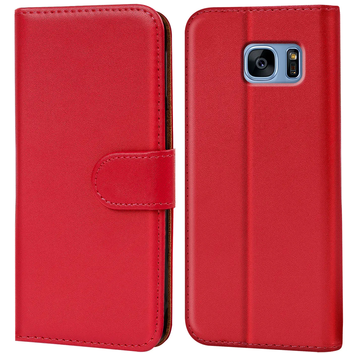 Rote Leder-Klapphülle mit Kartenfächern, Vorder- und Rückansicht, Samsung Galaxy S7.