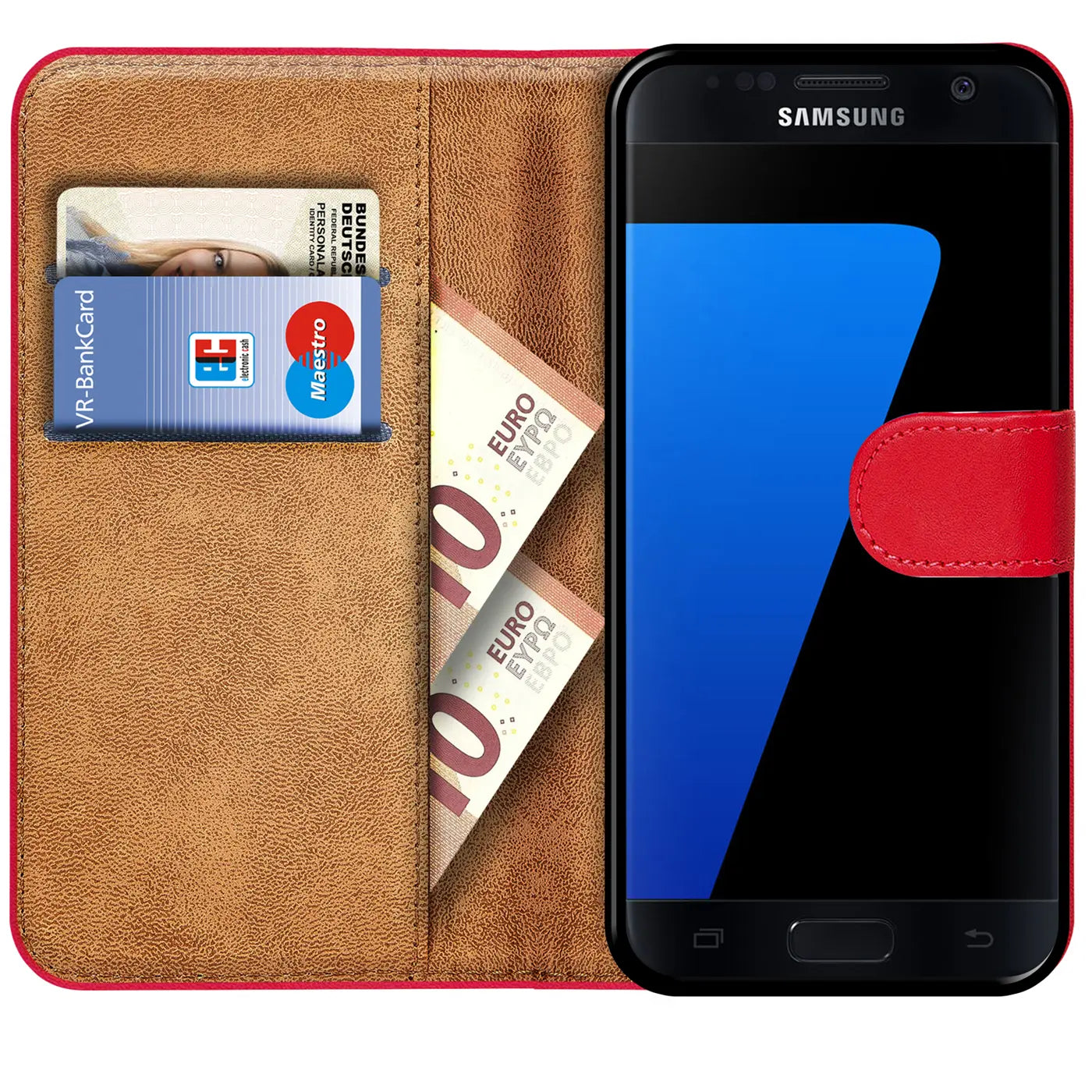Rote Klapphülle aus Leder mit Kartenfächern, zeigt Samsung Galaxy S7, von oben
