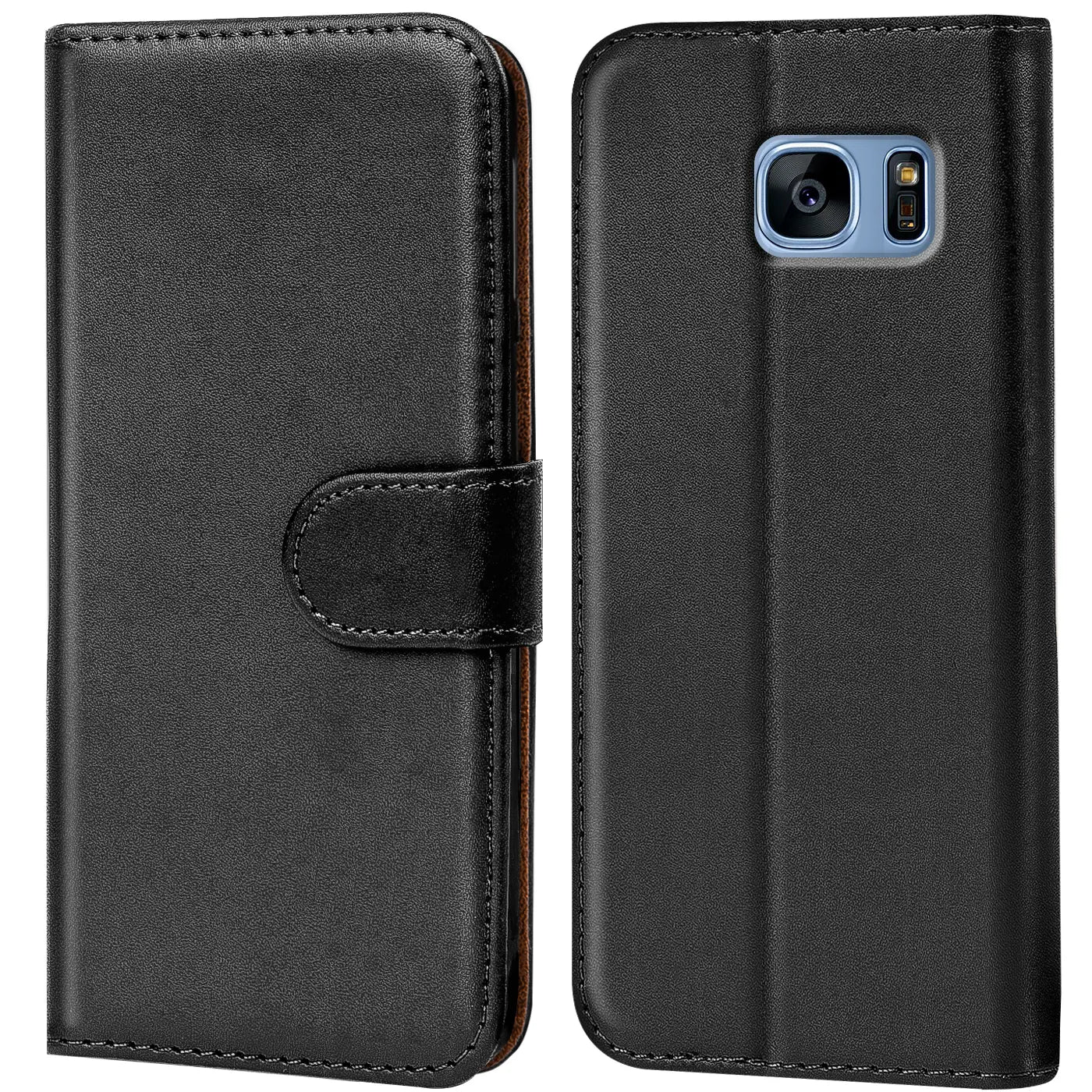 Schwarze Leder-Klapphülle mit Kartenfächern, Vorder- und Rückansicht, Samsung Galaxy S7 sichtbar.