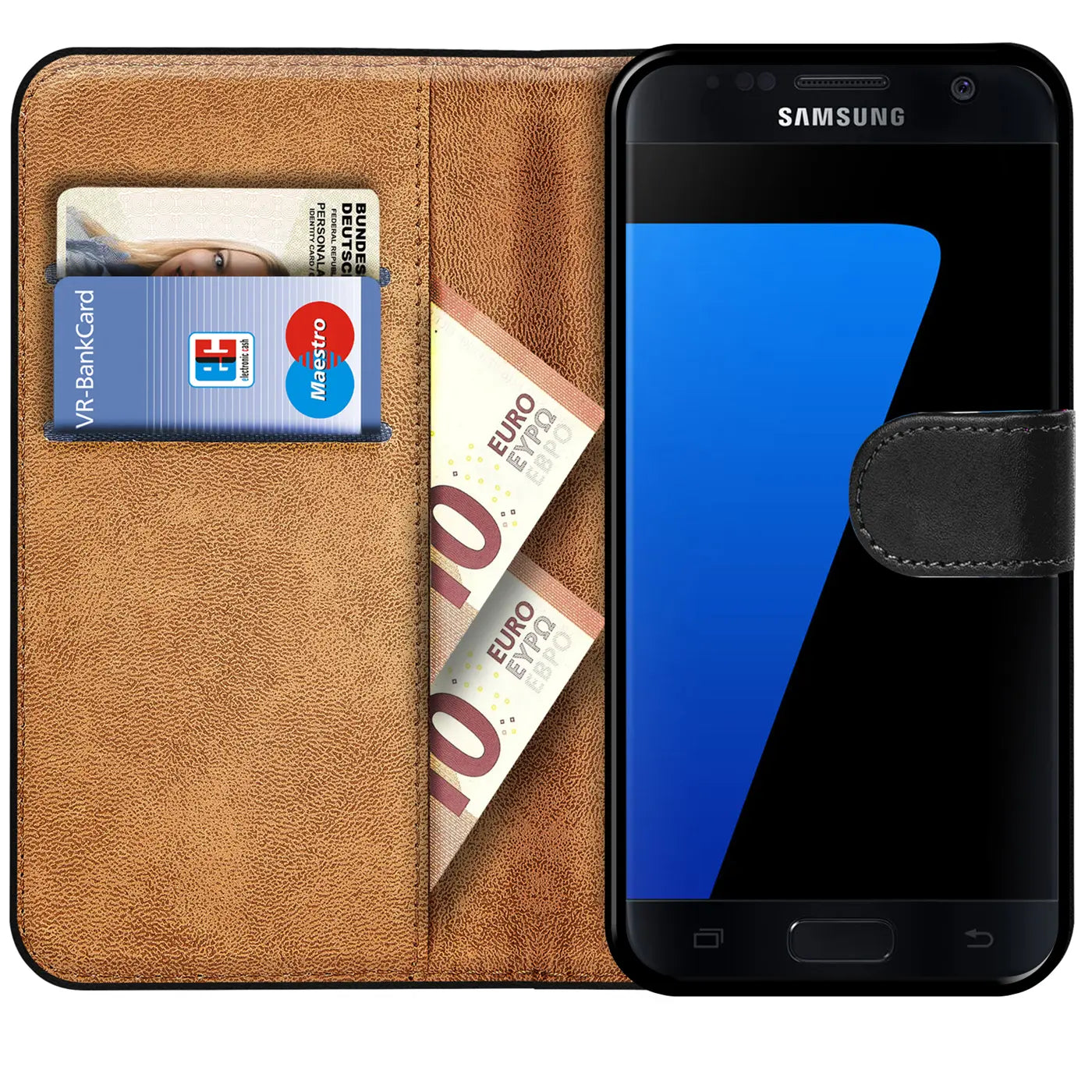 Braune Leder-Klapphülle mit Kartenfächern und Samsung Galaxy S7, von vorne