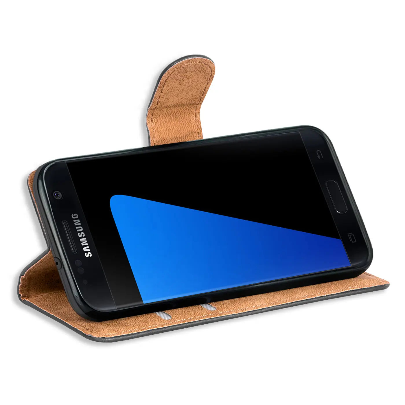 Braune Leder-Klapphülle mit Samsung Galaxy S7, von vorne schräg gezeigt.
