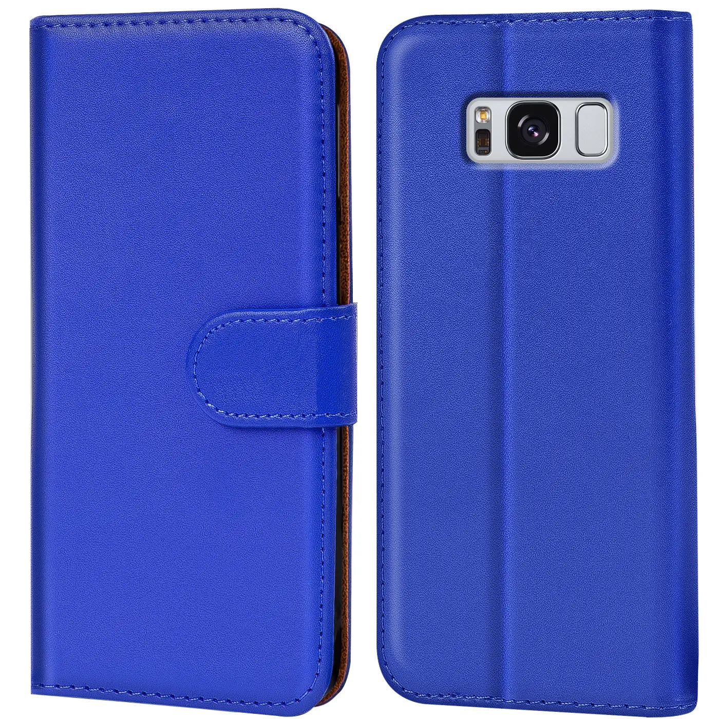Blaue Kunstleder-Klapphülle mit Kartenfächern, Vorder- und Rückansicht, Samsung Galaxy S8.